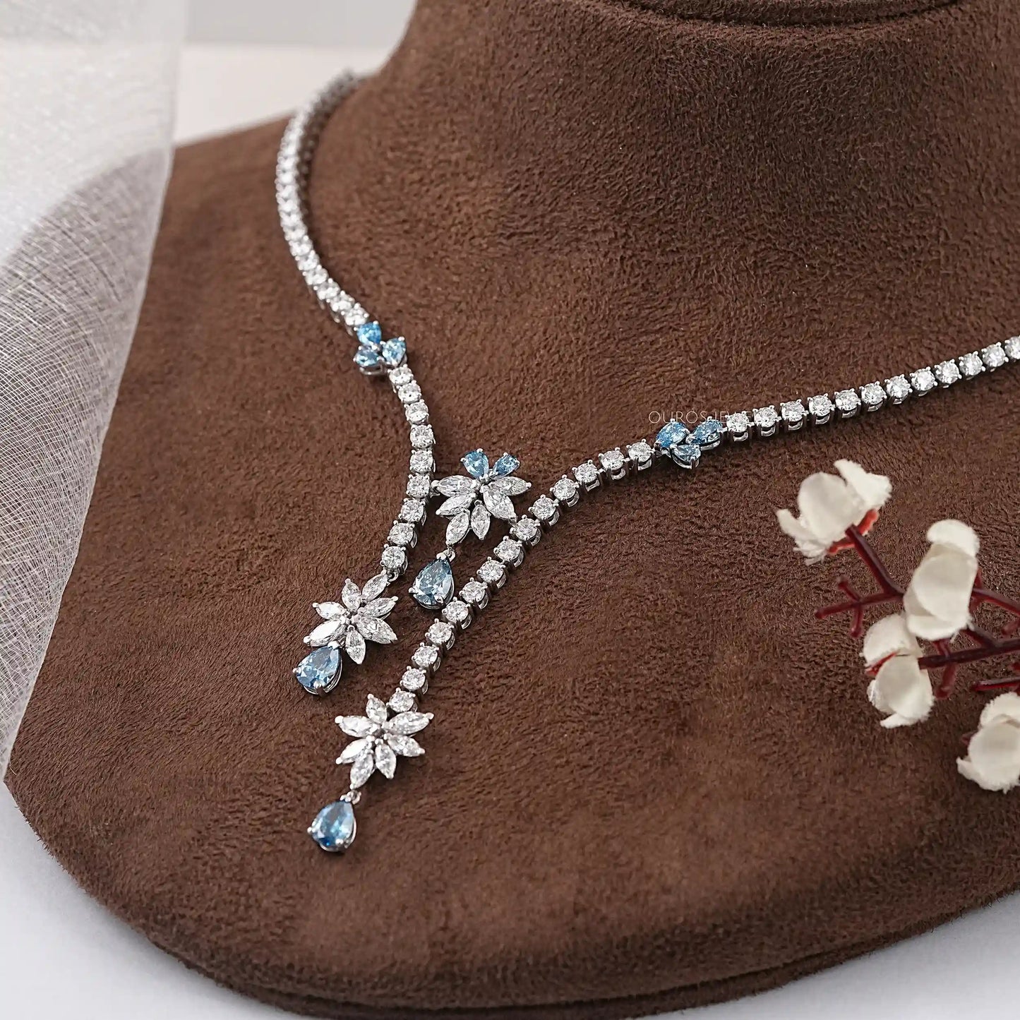 Blue Pear Cut Lab Diamond Necklace