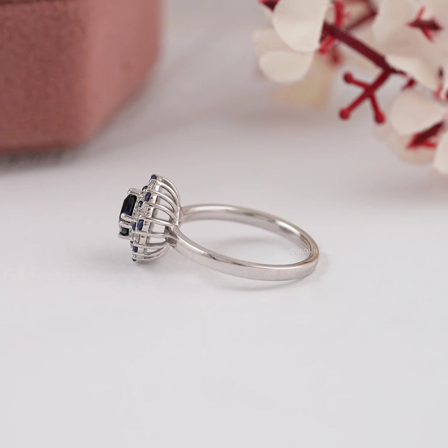 Blue Sapphire Cushion Cut Double Halo Ring