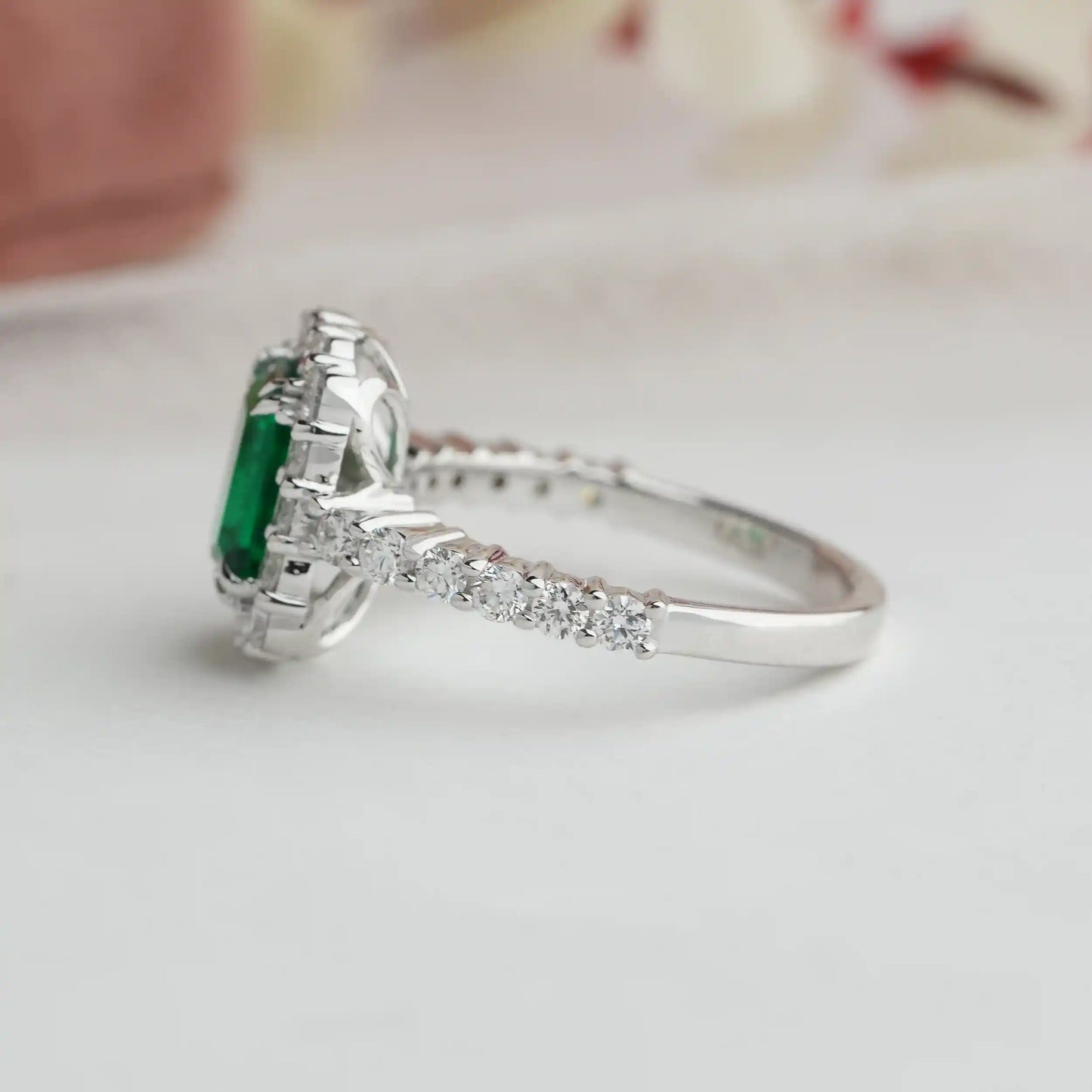 Green Emerald Cut Halo With Accent Diamond Engagement Ring