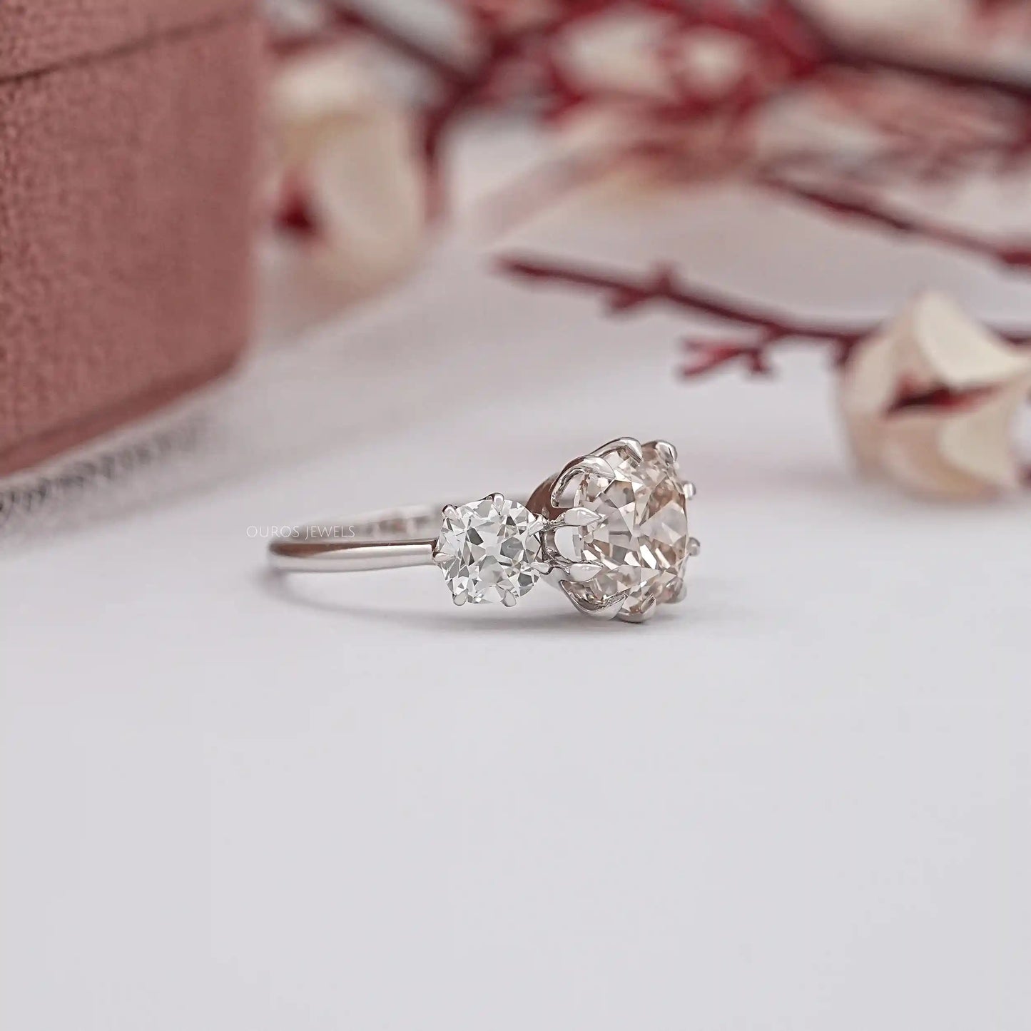 3 Stone OMC Cushion Cut Lab Diamond Ring