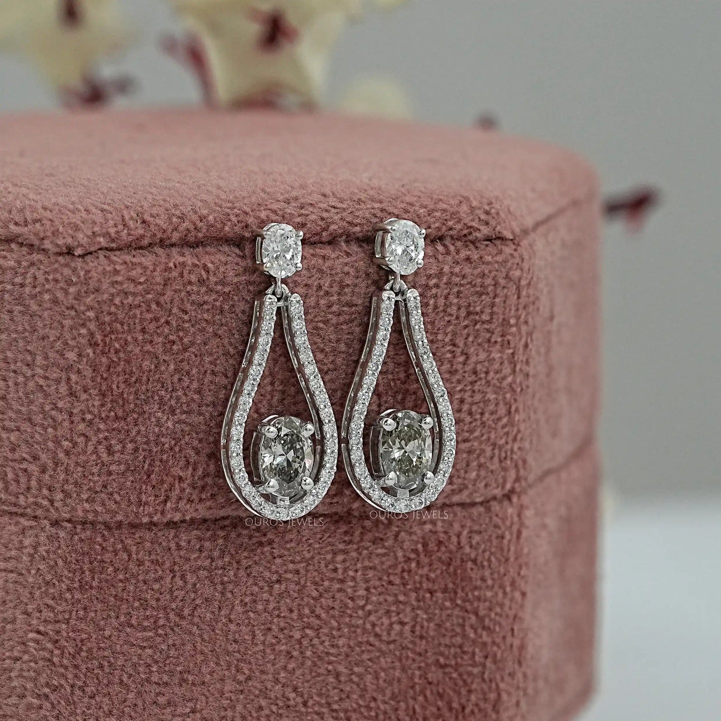 Olive Oval Cut Halo Drop Dangle Earring
