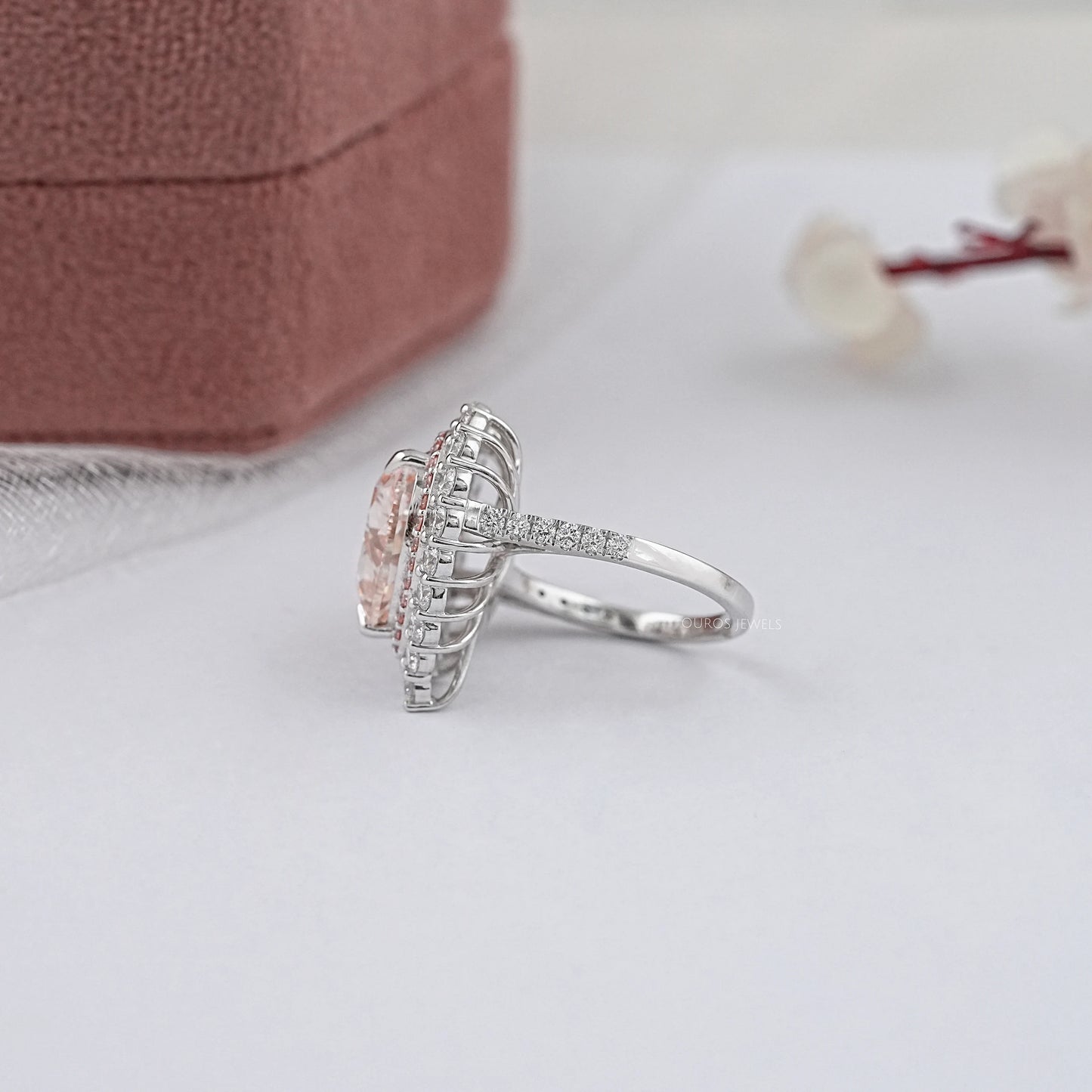 Heart Shape Pink Lab Diamond Halo With Accent Ring