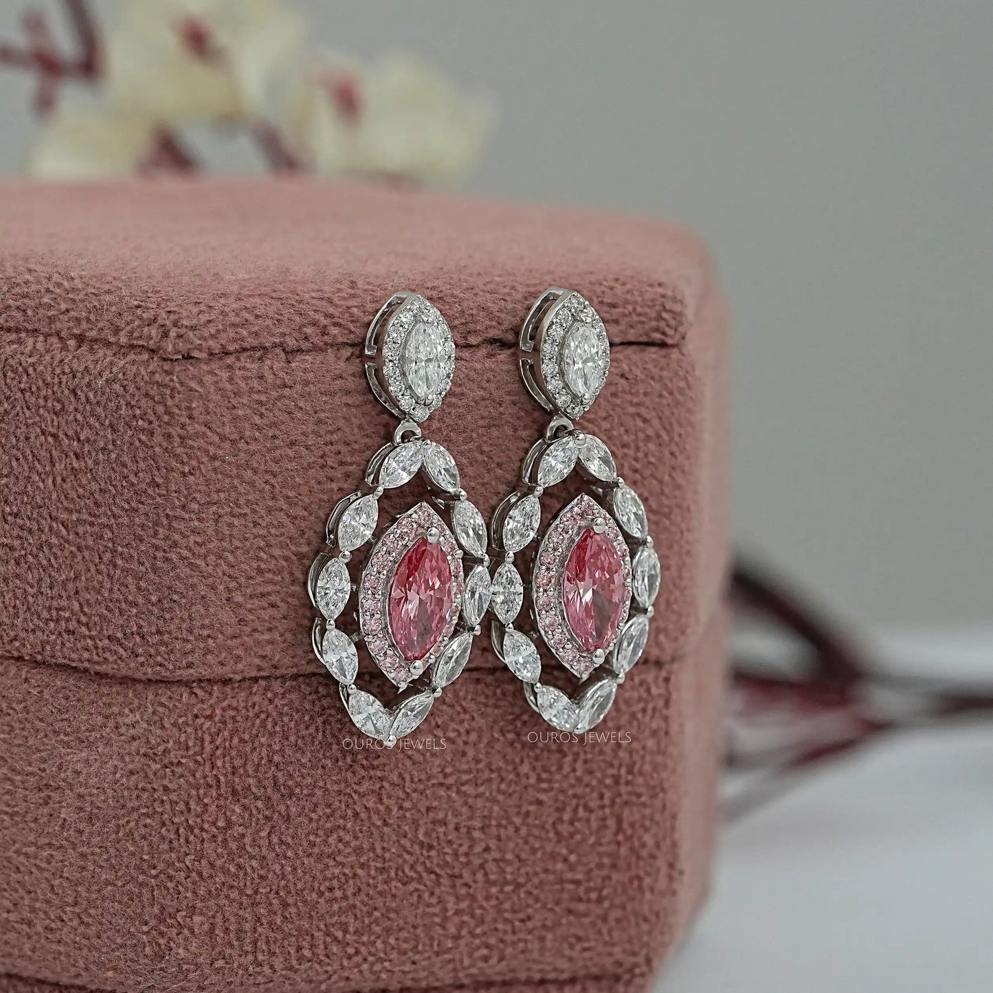 Fancy Pink Marquise Cut Double Halo Earrings