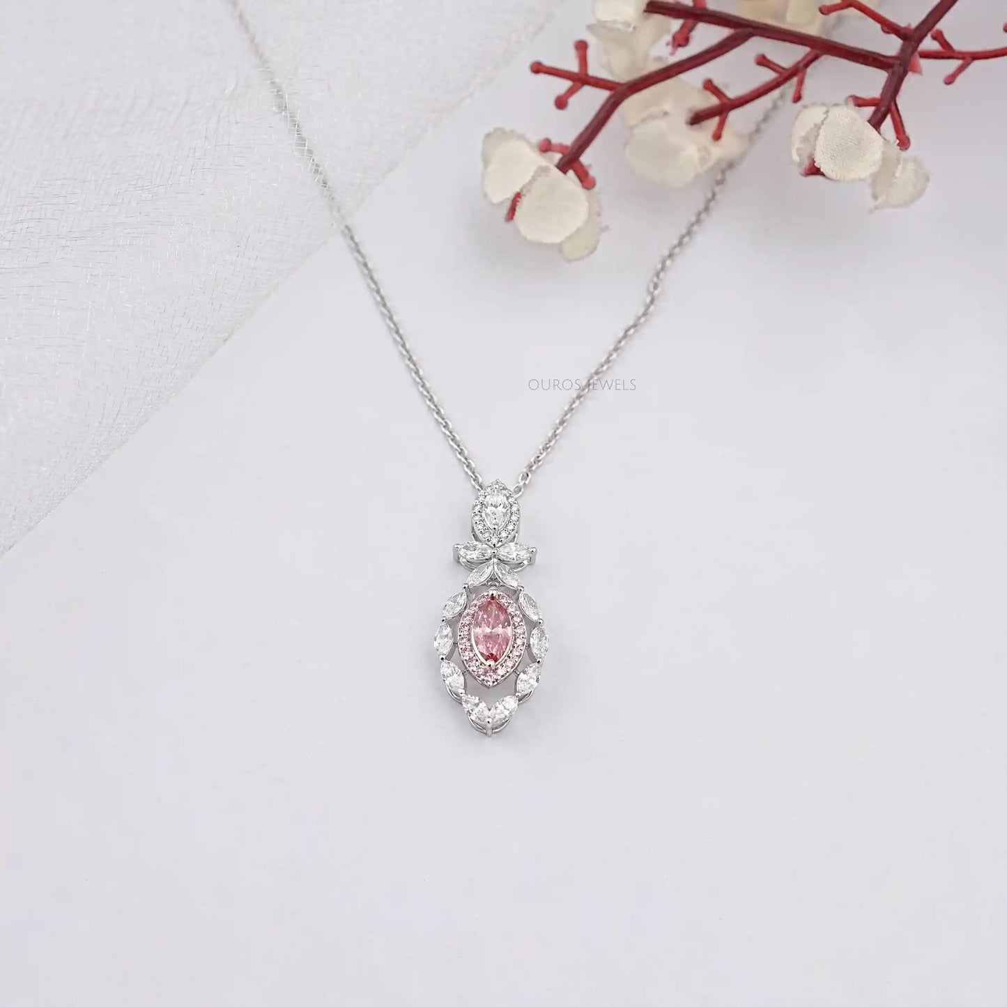 Pink Marquise Cut Halo Lab Diamond Pendant