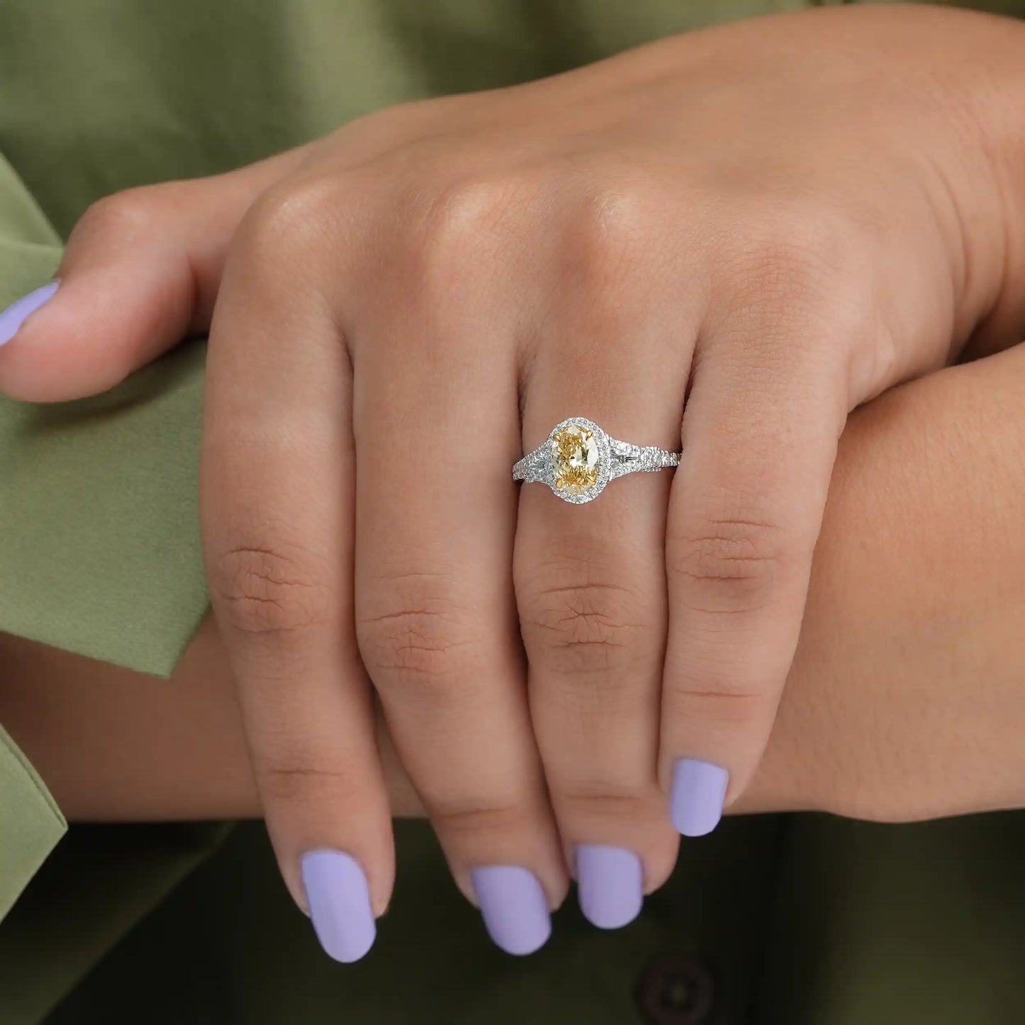 Yellow Oval Lab Diamond Halo Split Shank Engagement Ring