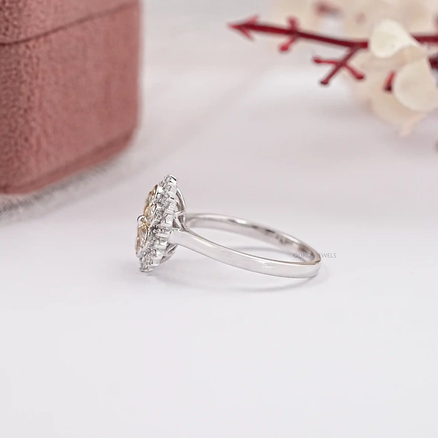 Flower Shape Yellow Pear Cut Lab Diamond Ring