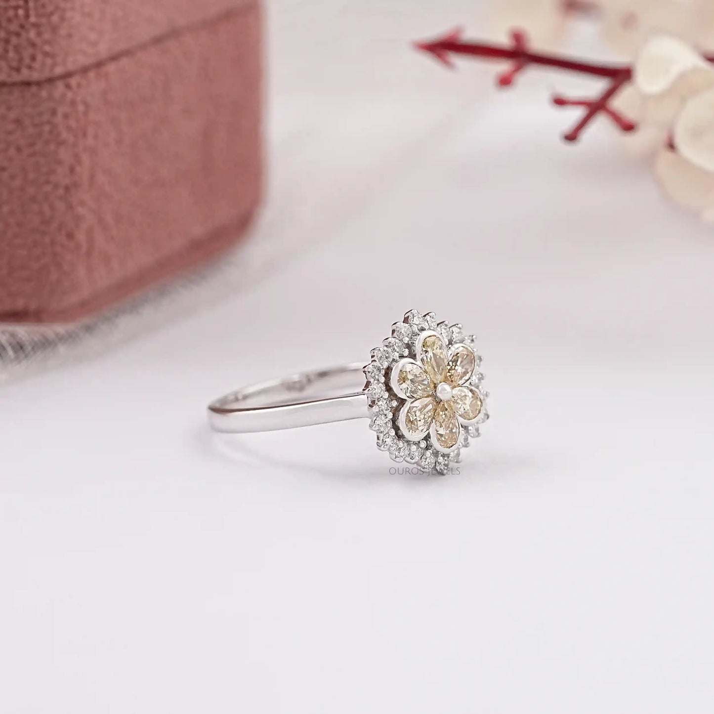 Flower Shape Yellow Pear Cut Lab Diamond Ring