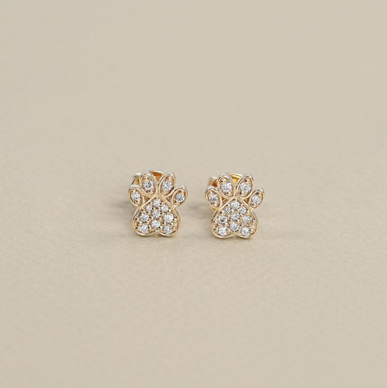 Dog Paw Print Round Diamond Stud Earrings