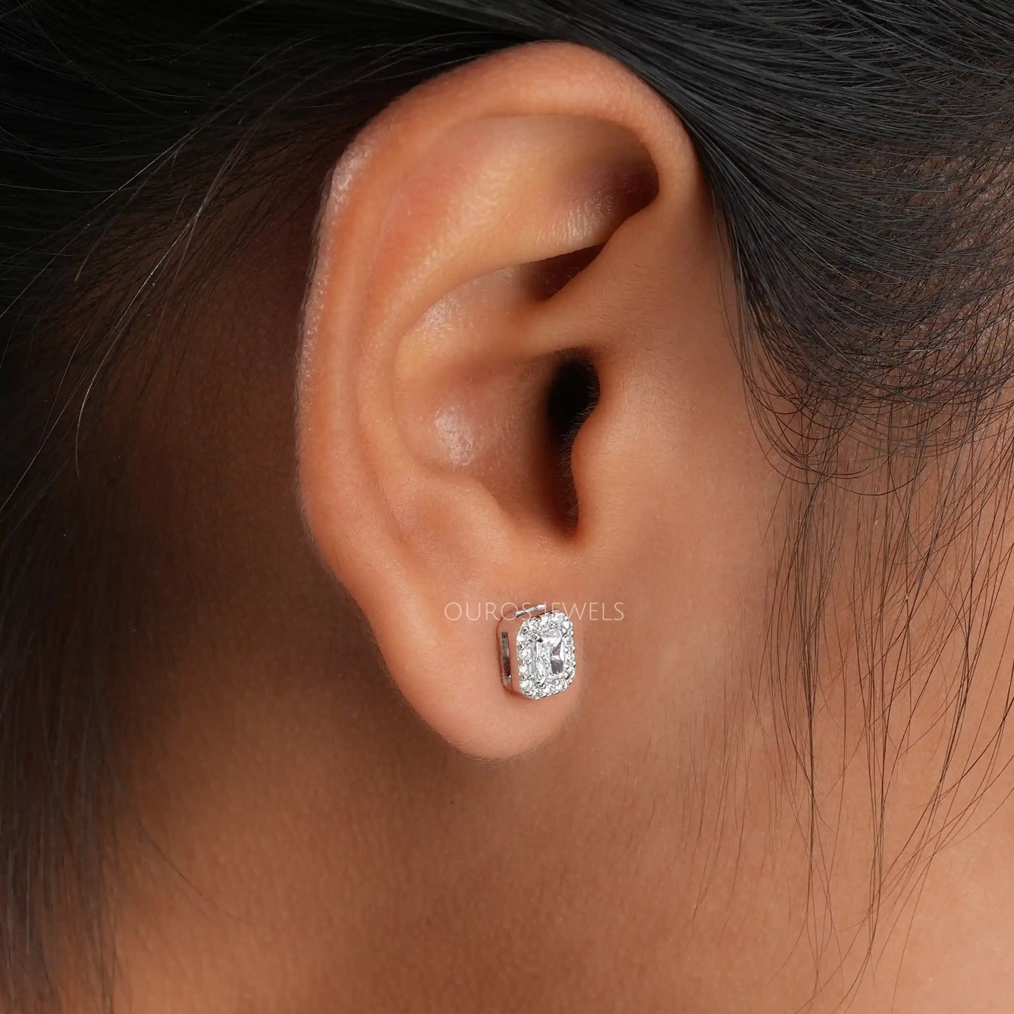 Radiant Cut Halo Stud Earrings