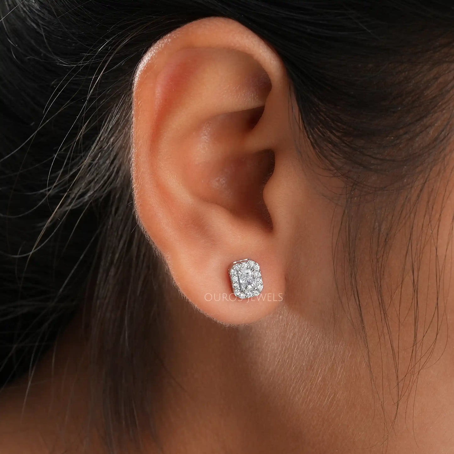 Radiant Cut Halo Stud Earrings