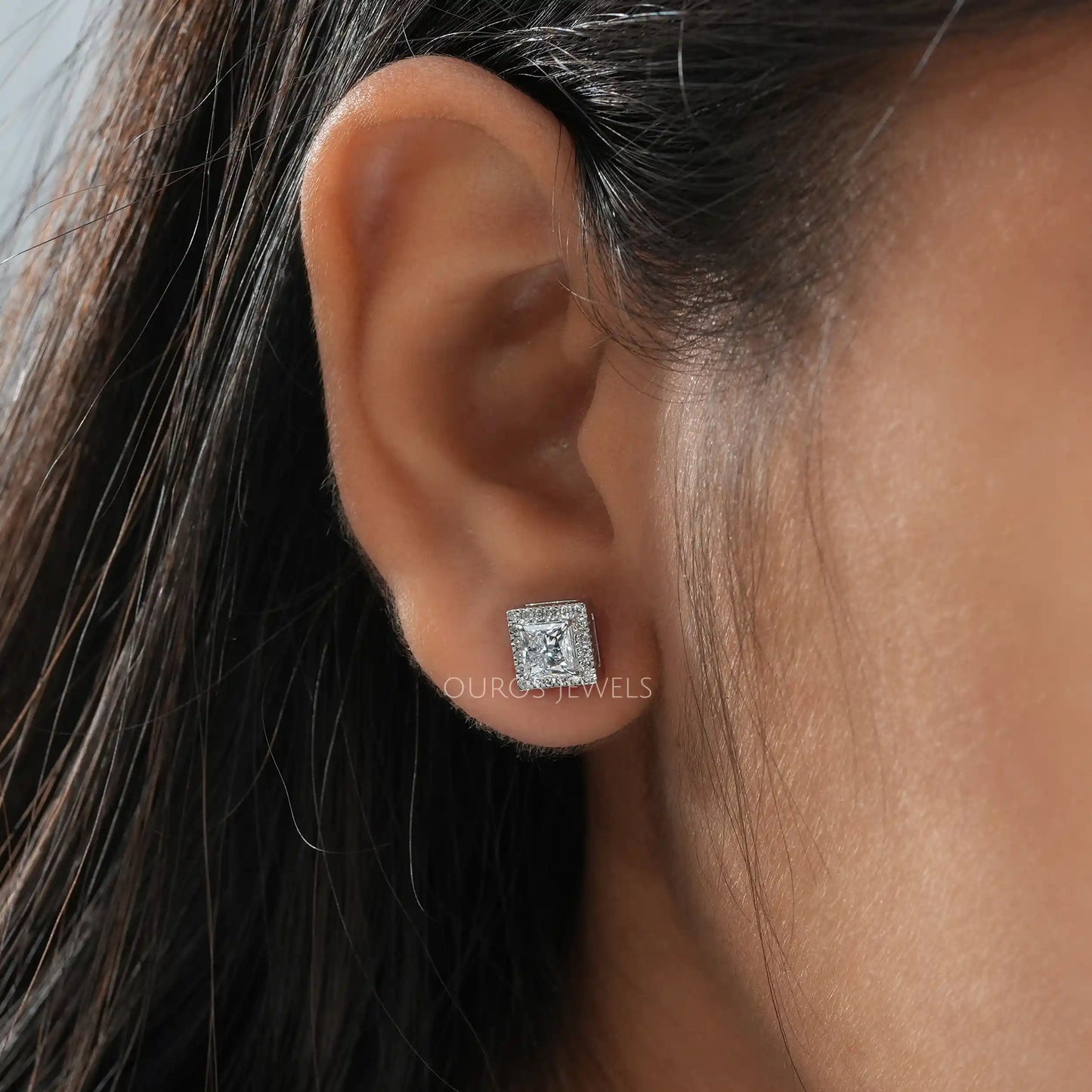 Princess Lab Diamond Halo Earrings