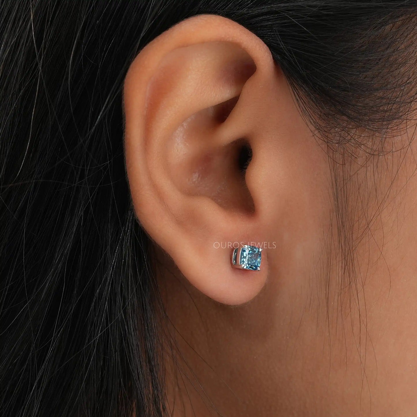 Blue Cushion Cut Stud Earring