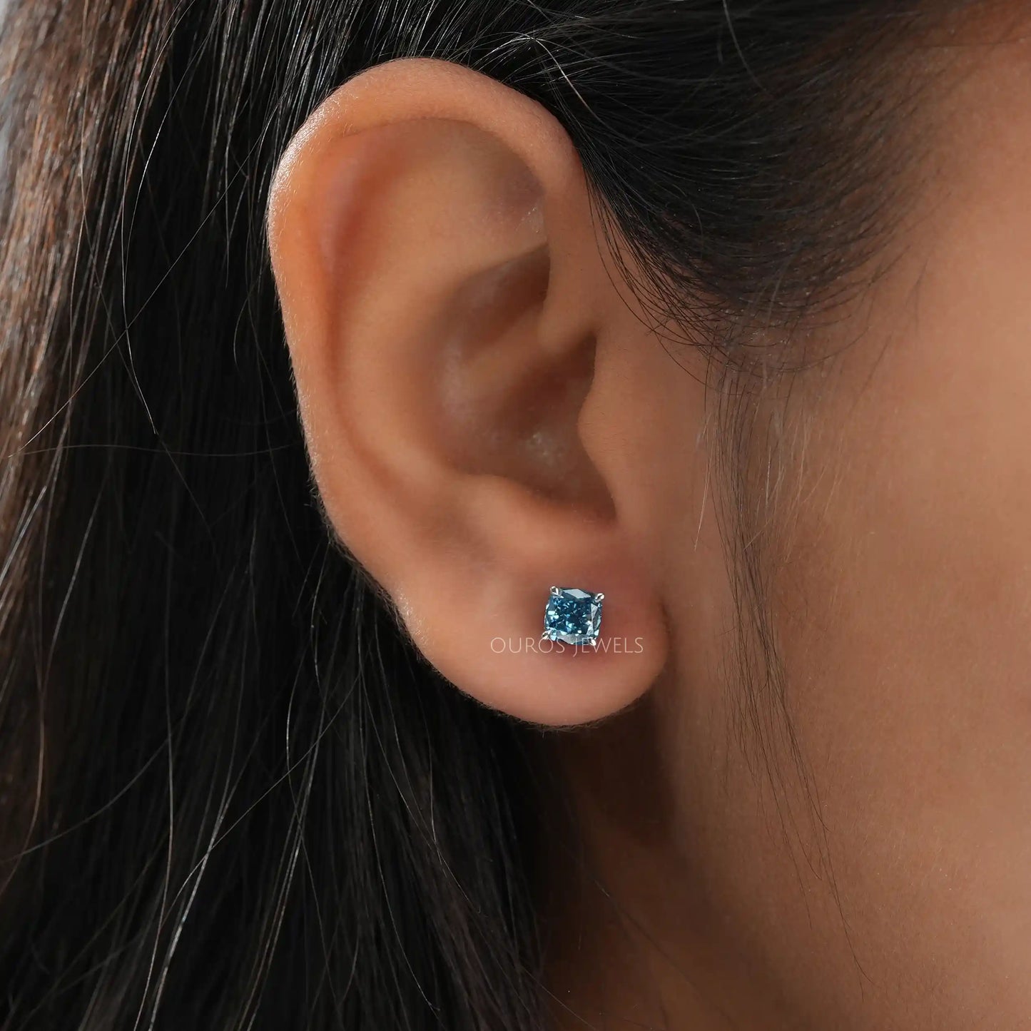 Blue Cushion Cut Stud Earring