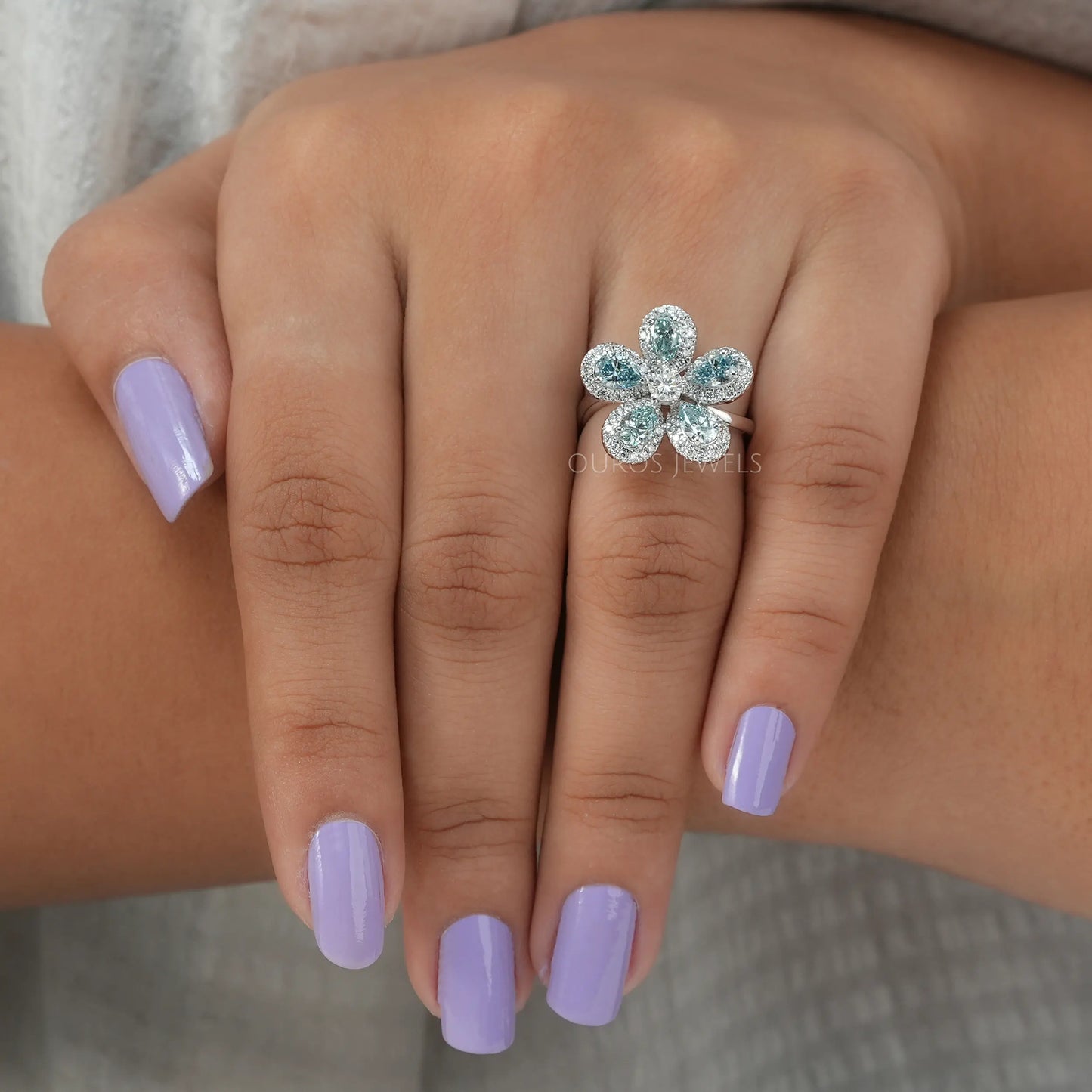 Light Blue Pear Halo Wedding Ring