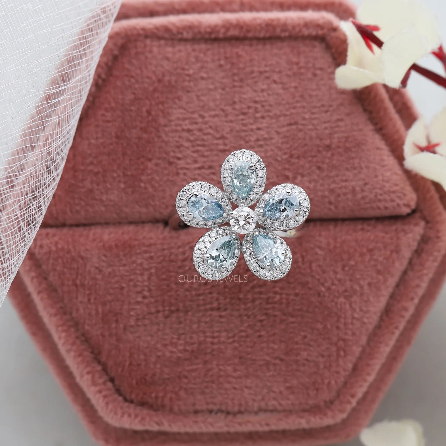 Light Blue Pear Halo Wedding Ring