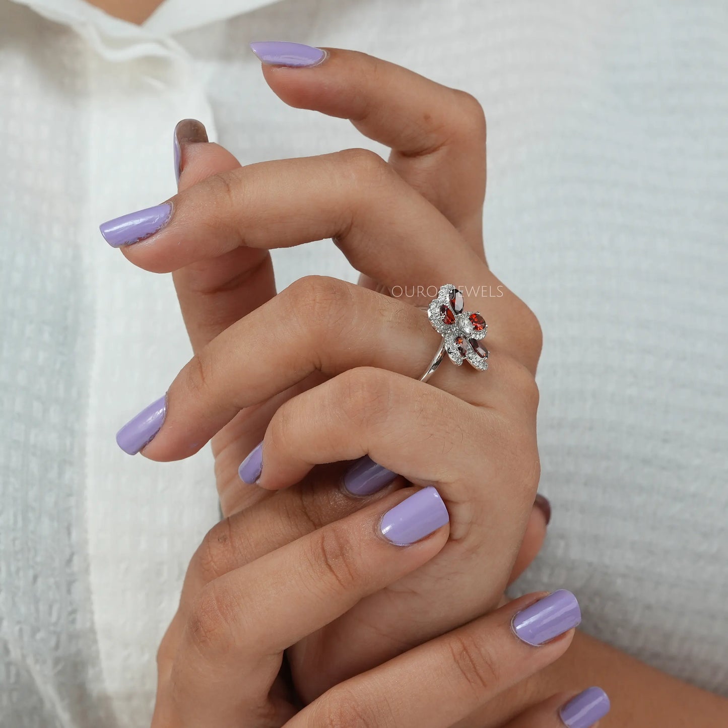 Floral Style Red Pear Diamond Halo Ring