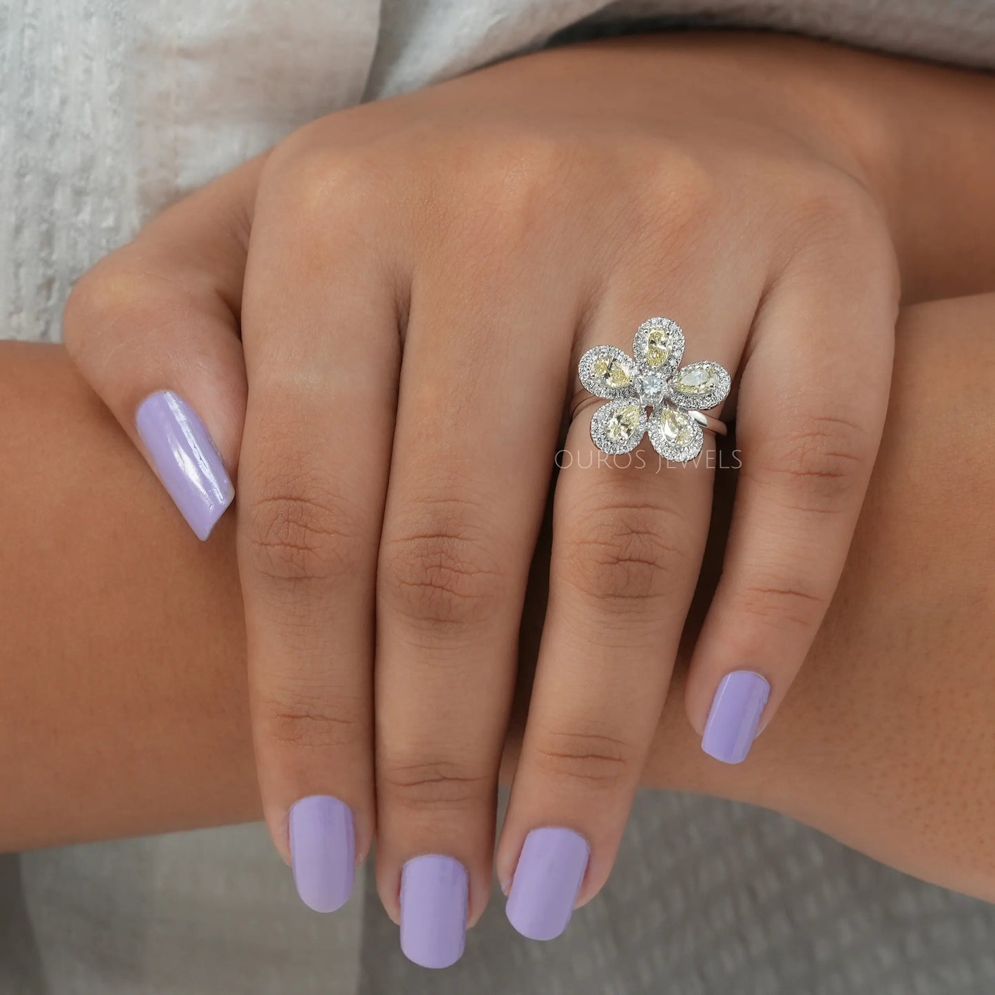 Floral Style Yellow Pear Diamond Ring