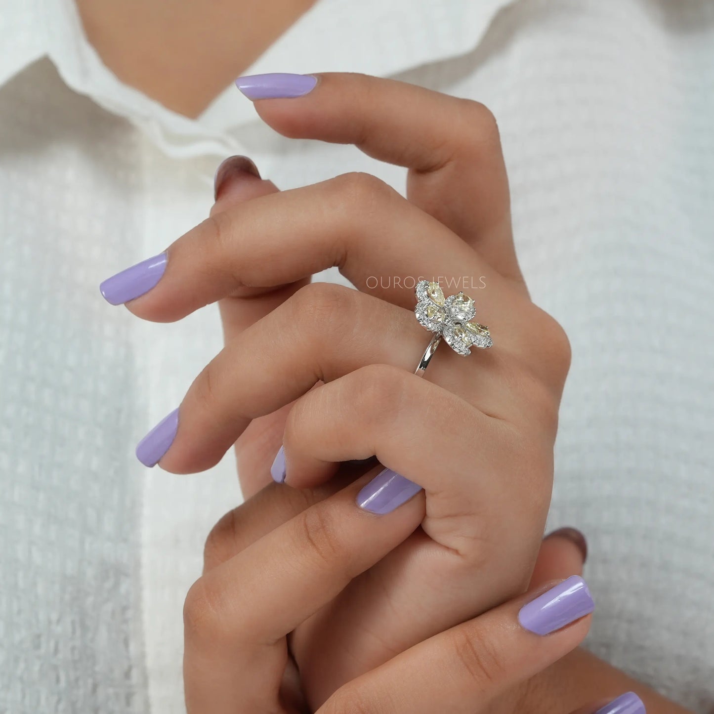 Floral Style Yellow Pear Diamond Ring