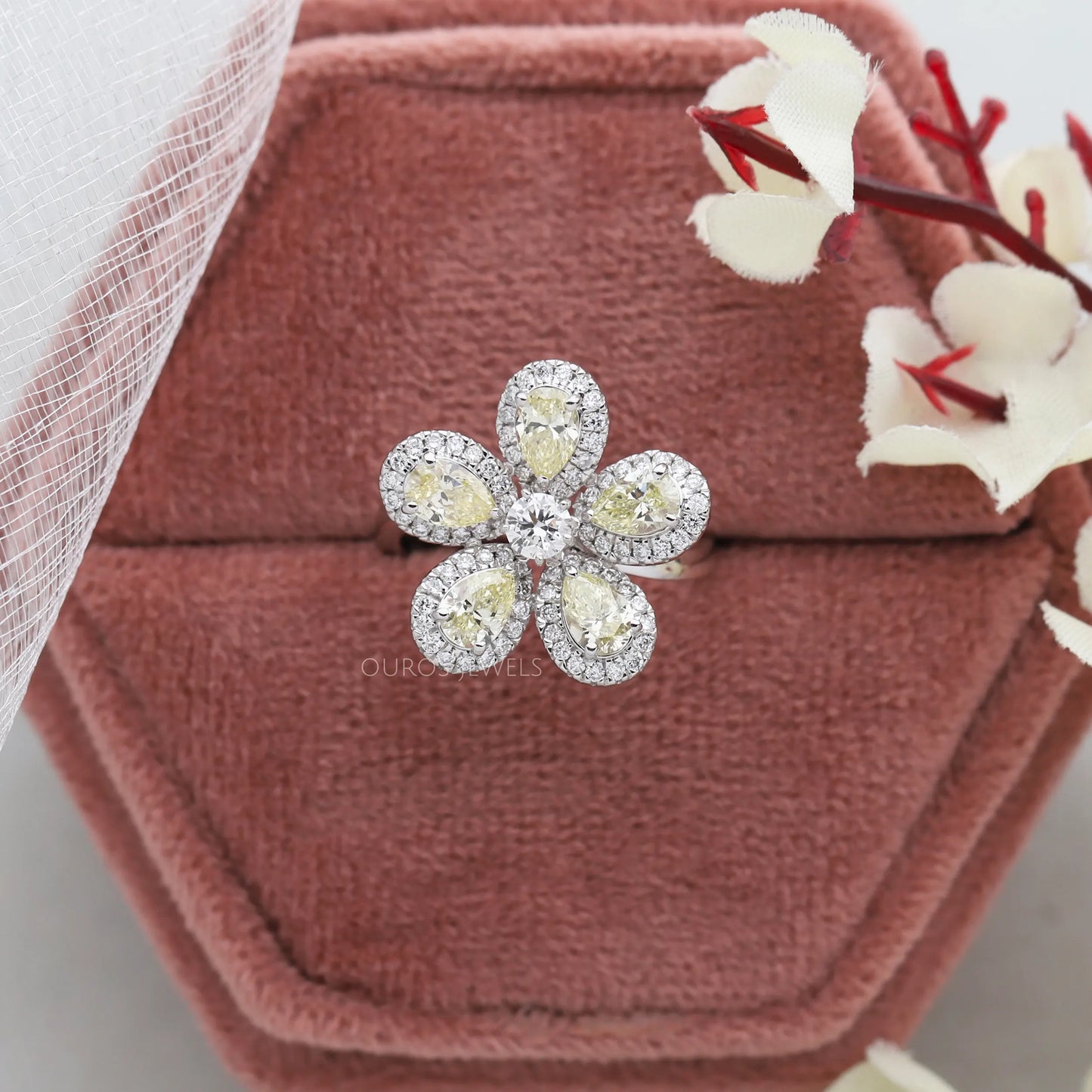 Floral Style Yellow Pear Diamond Ring