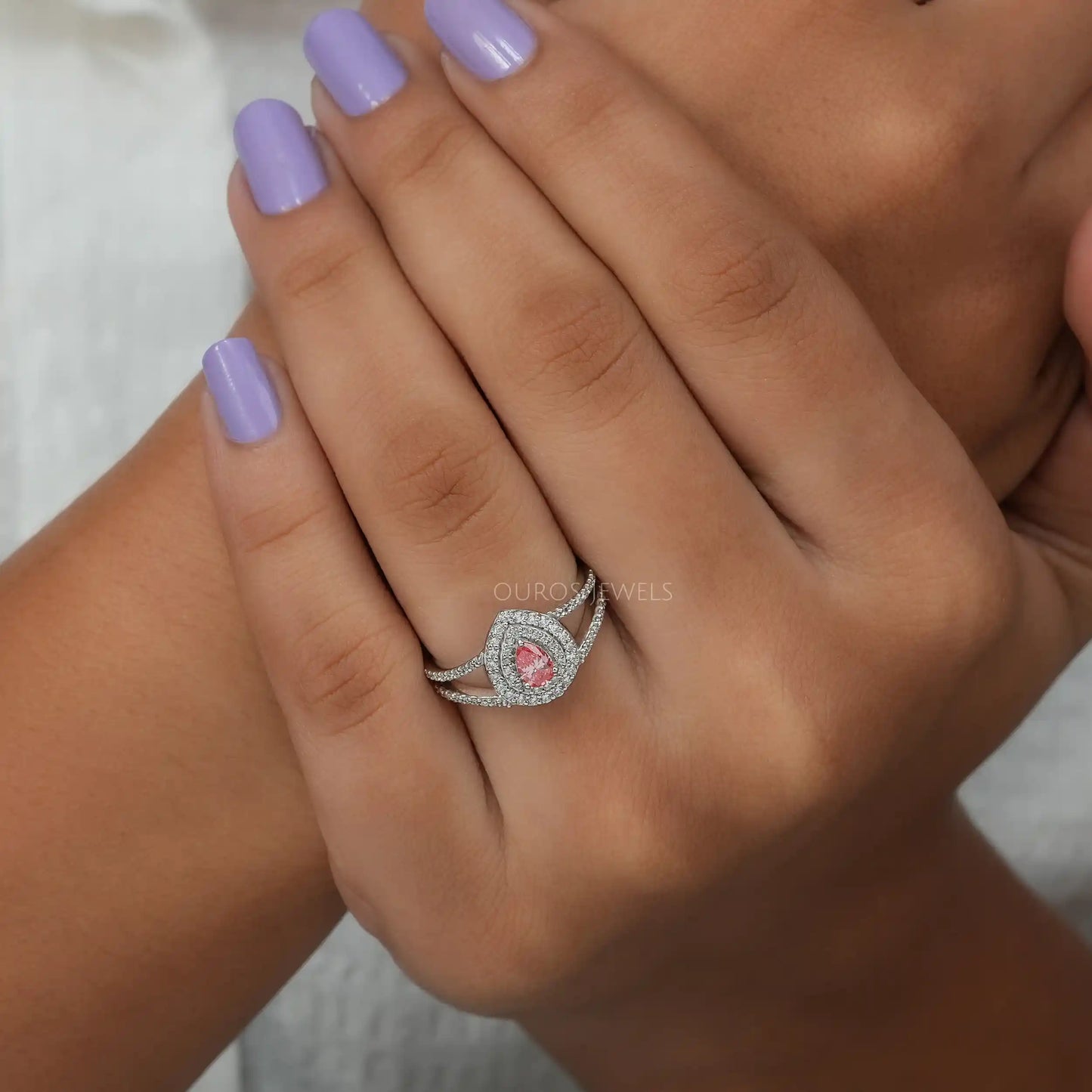 Pink Pear Cut Diamond Double Halo Ring