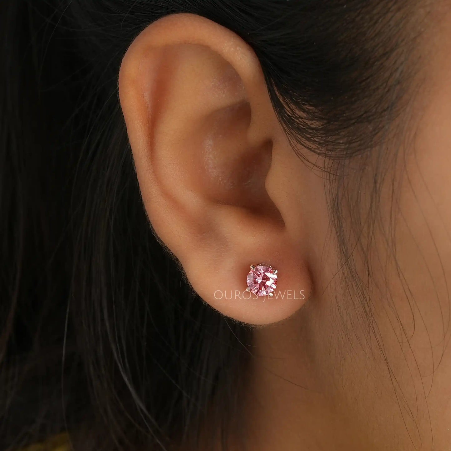 Fancy Pink Round Cut Stud Earrings