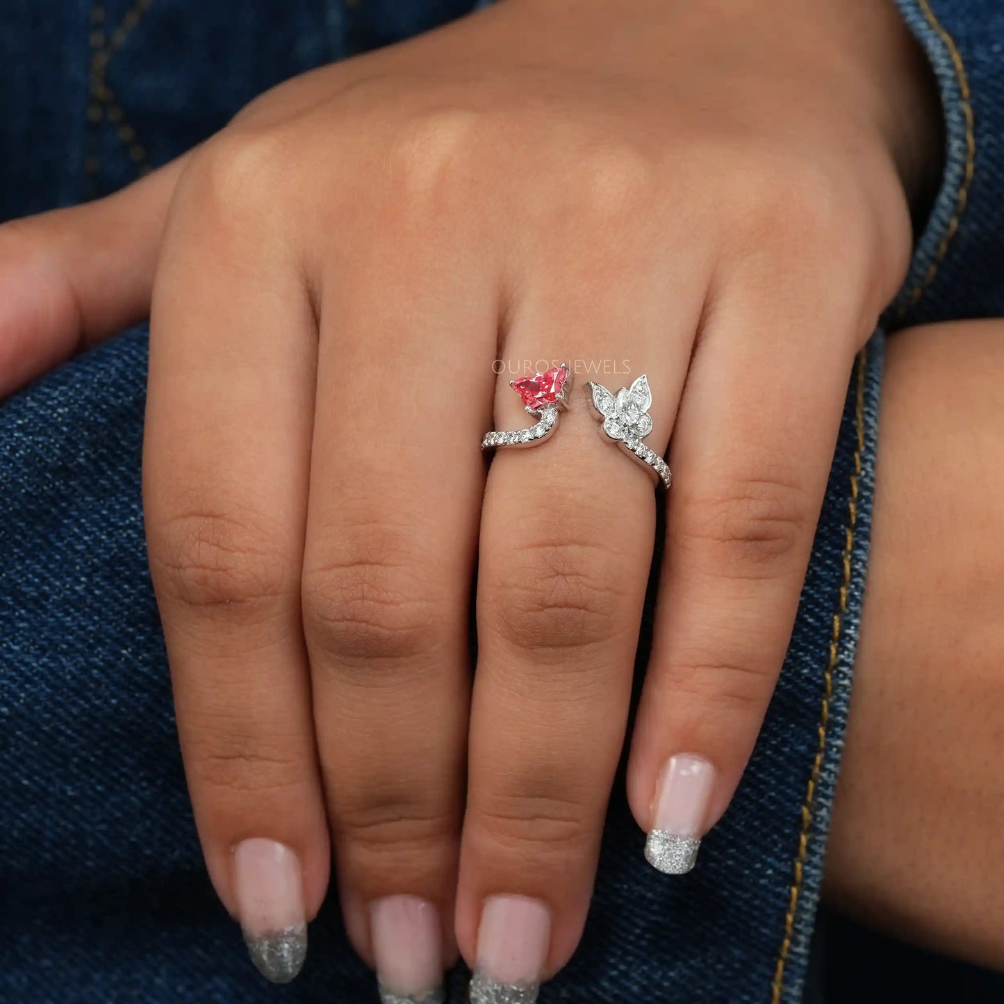 Pink Butterfly & Pear Cut Open Ring