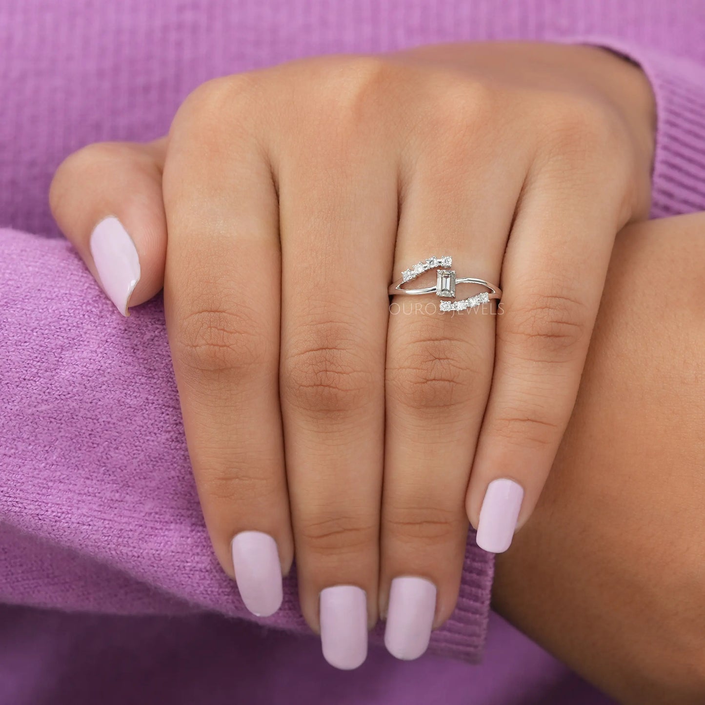 Olive Emerald Cut Bypass Set Diamond Ring