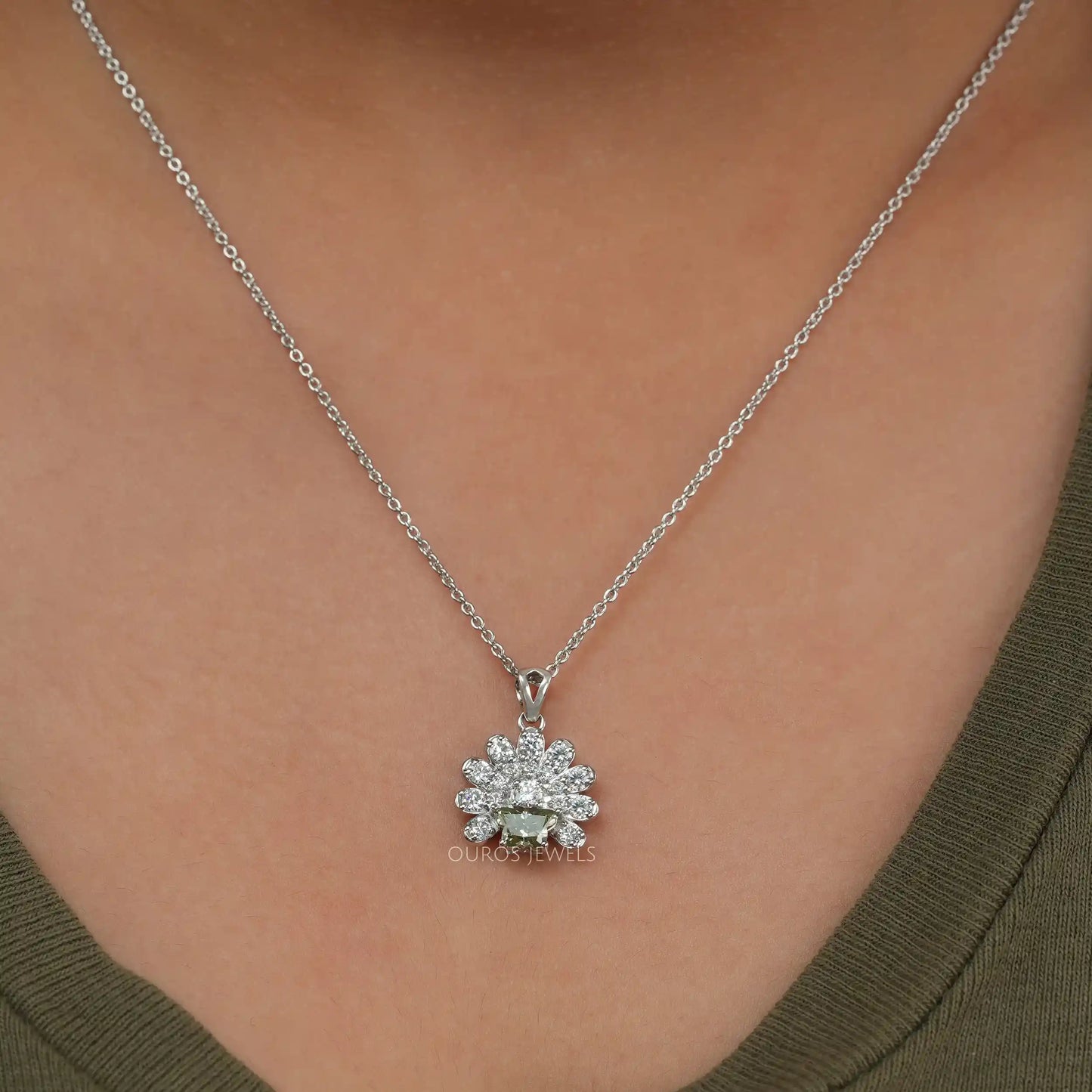 Green Butterfly Cut Floral Cluster Necklace