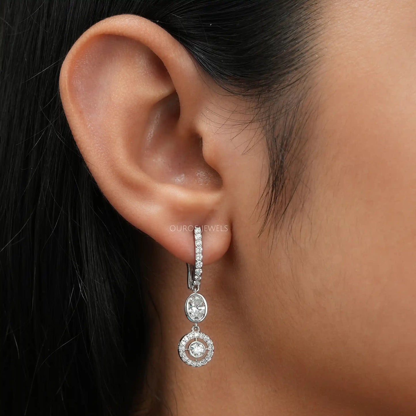 Bezel Set Oval Halo Dangle Drop Earring