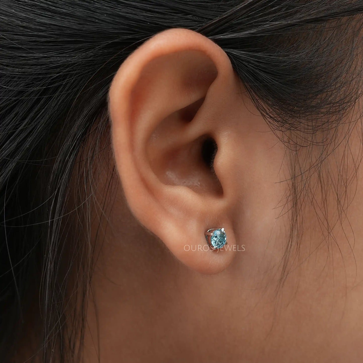 Blue Round Lab Diamond Stud Earrings
