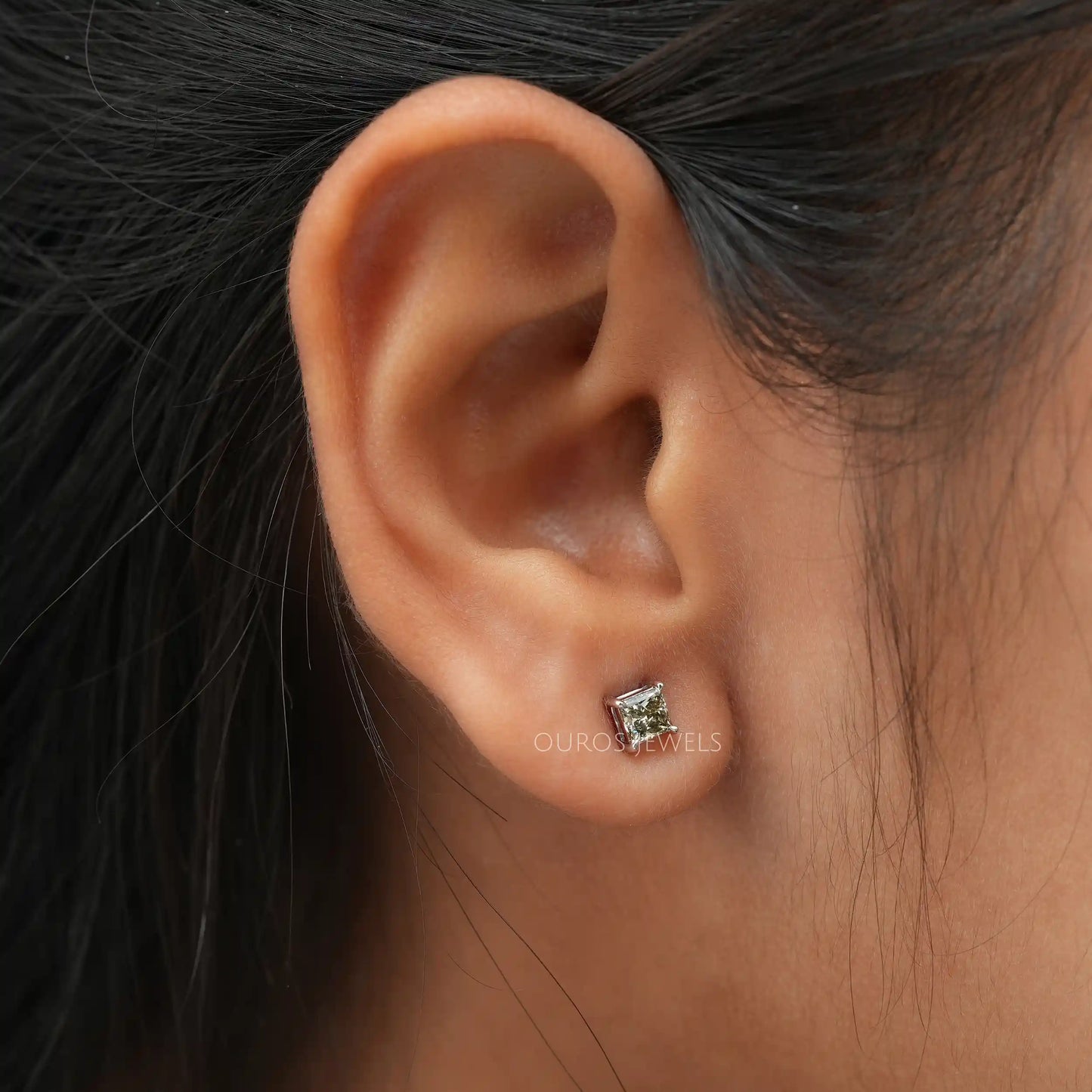 Olive Princess Cut Stud Earrings