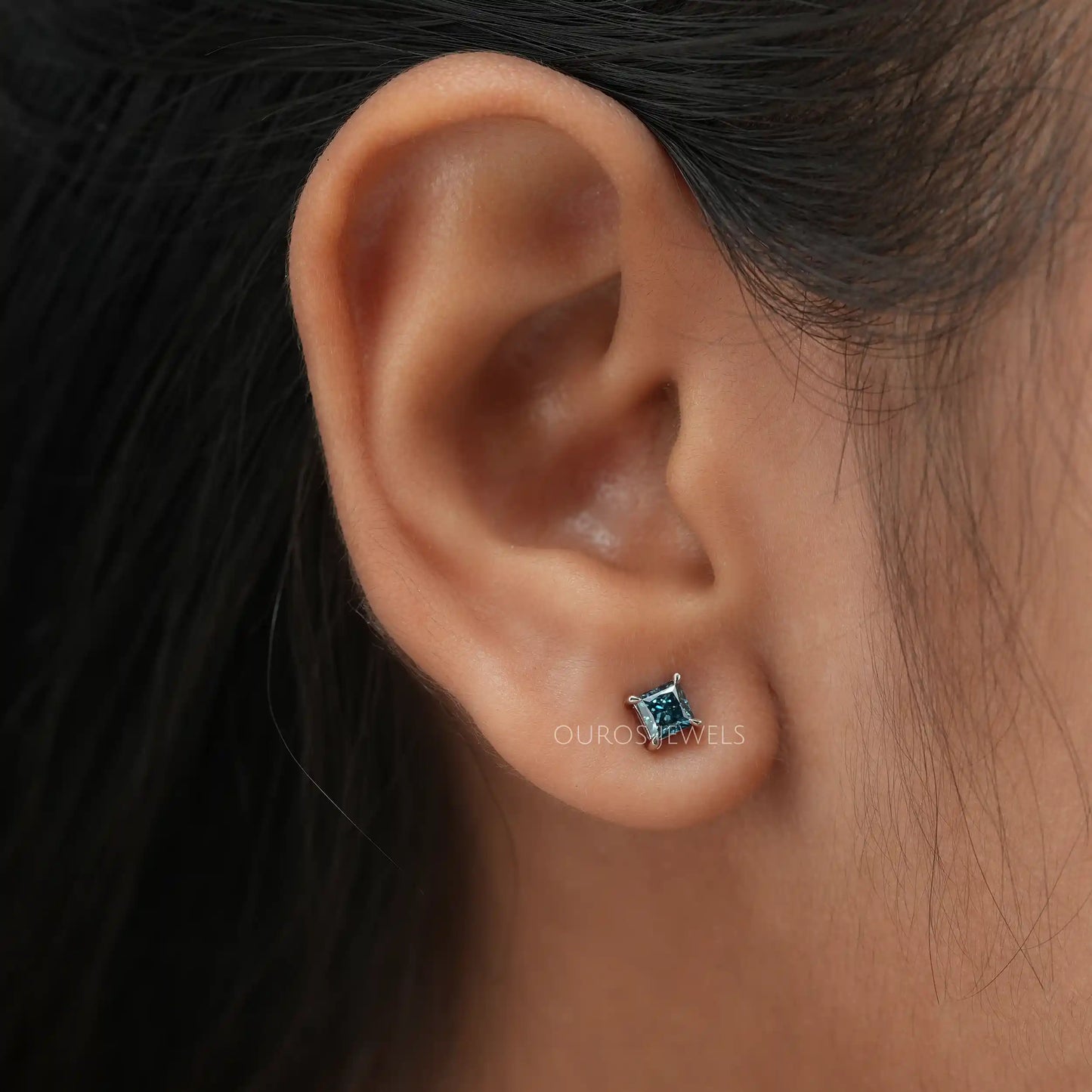 Blue Princess Cut Stud Earrings