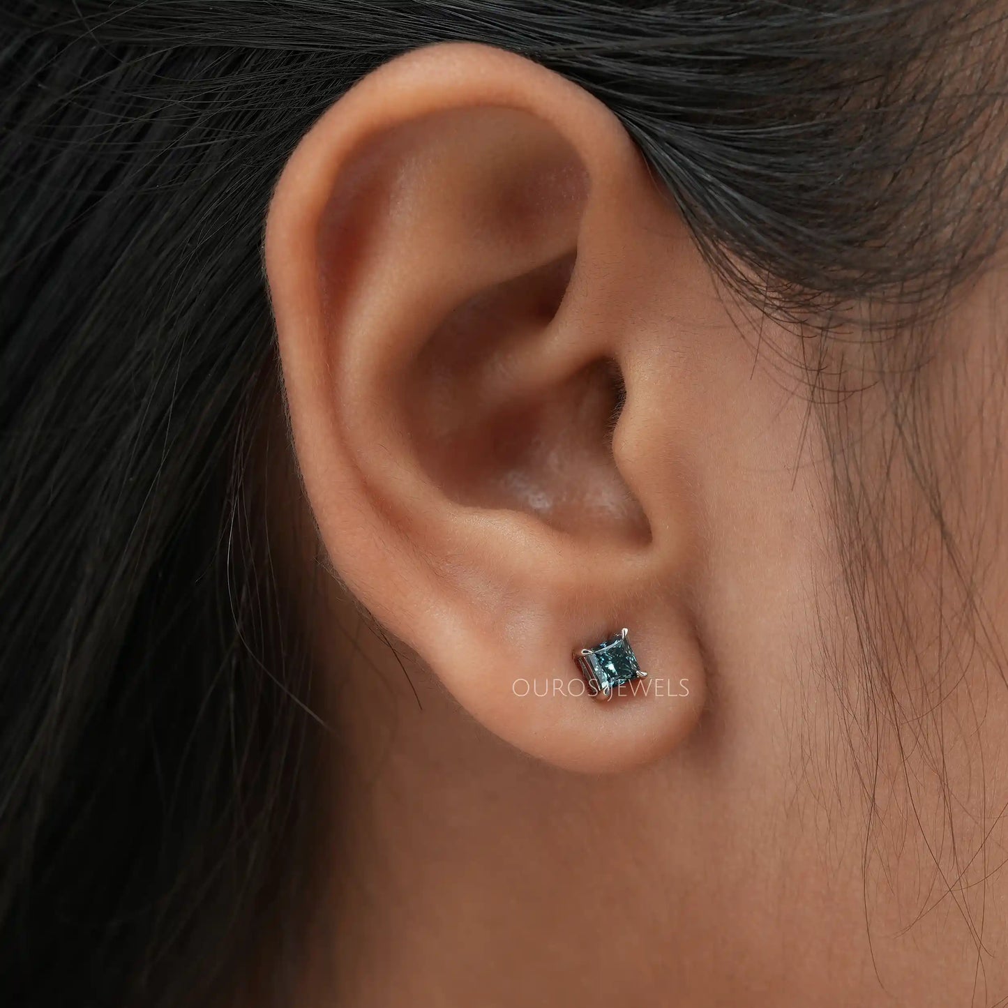 Blue Princess Cut Stud Earrings