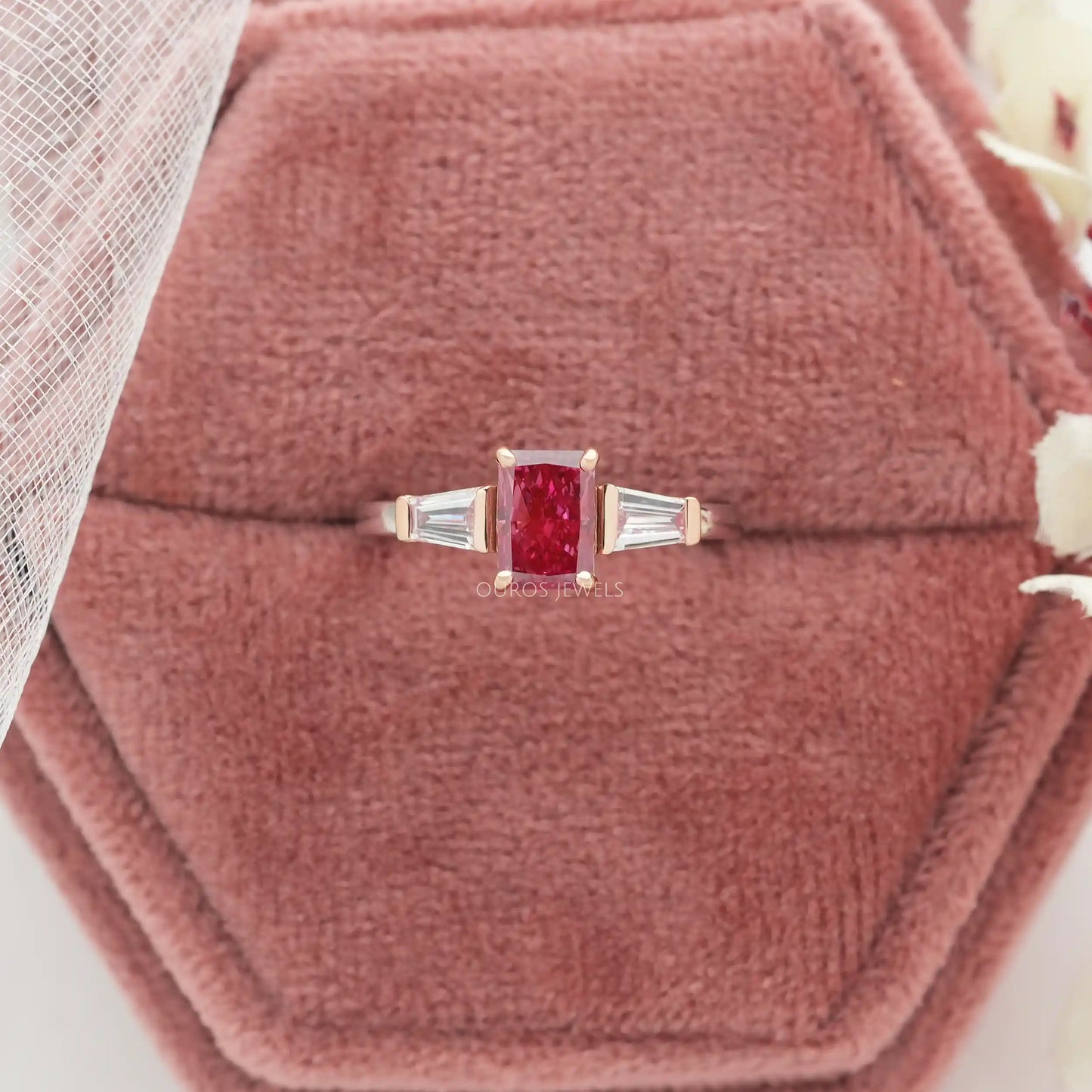 Pink Radiant Cut Three Stone Ring