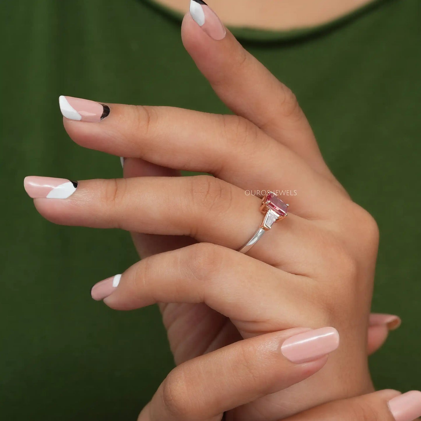 Pink Radiant Cut Three Stone Ring