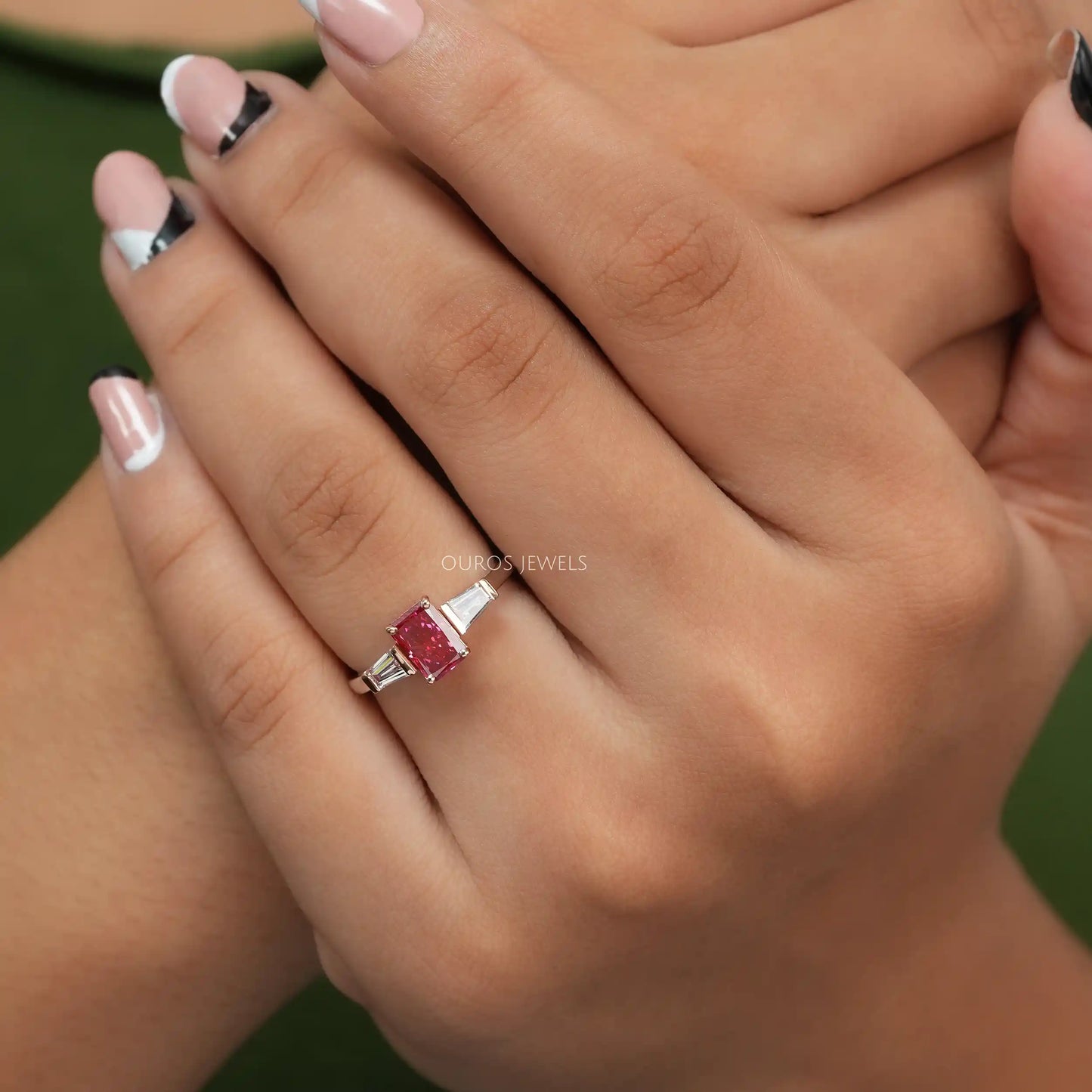 Pink Radiant Cut Three Stone Ring
