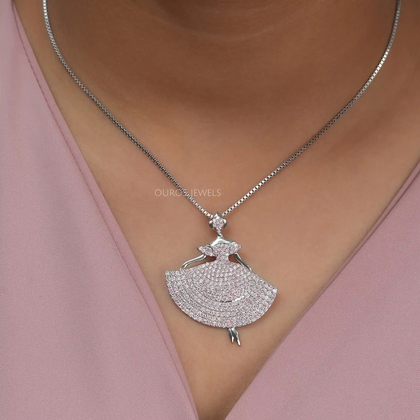 Barbie Doll Shape Pink Round Diamond Necklace