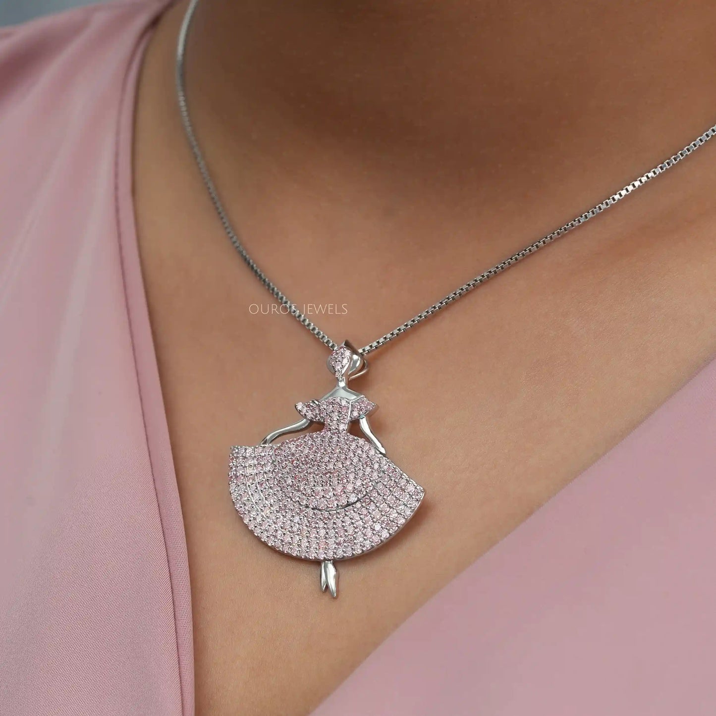 Barbie Doll Shape Pink Round Diamond Necklace