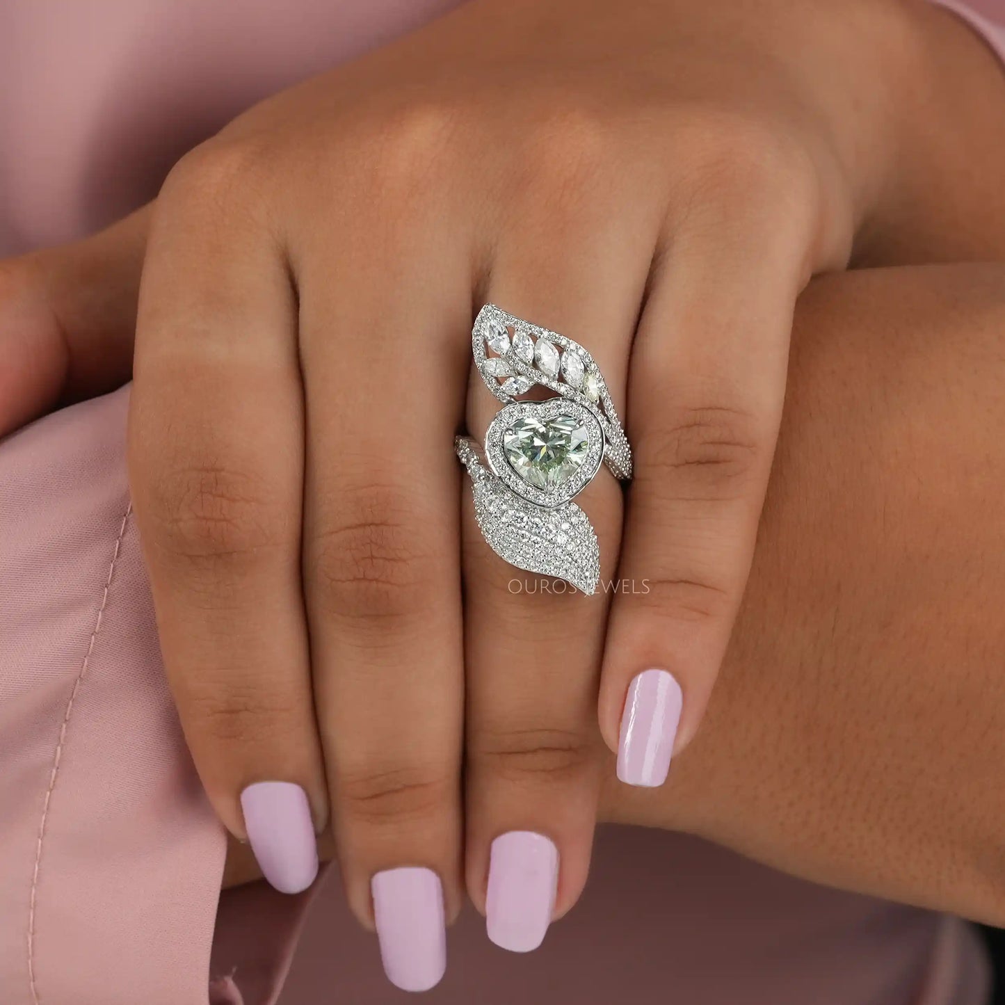 Halo Style Green Heart Bypass Ring