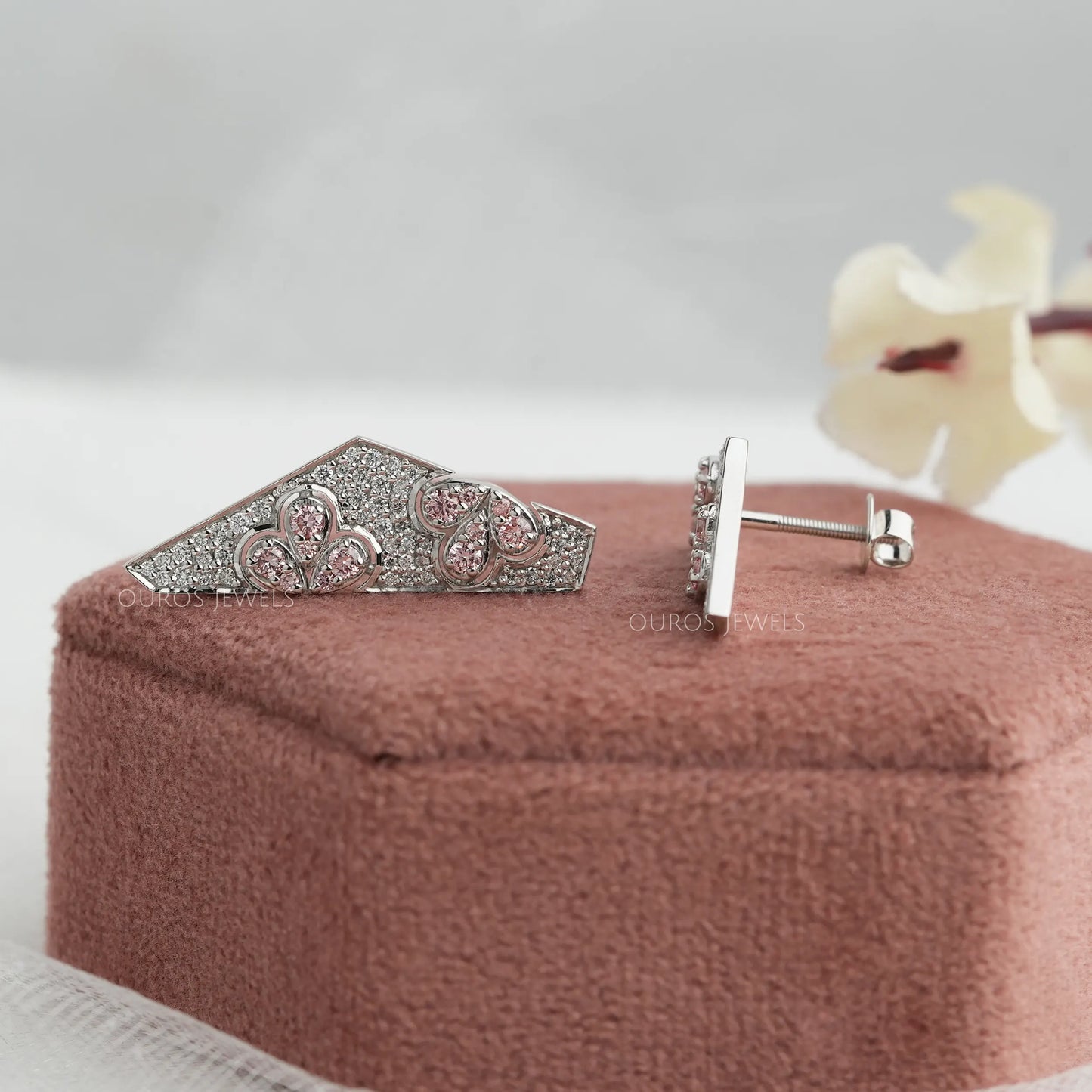 Pink Round Pave Diamond Earrings