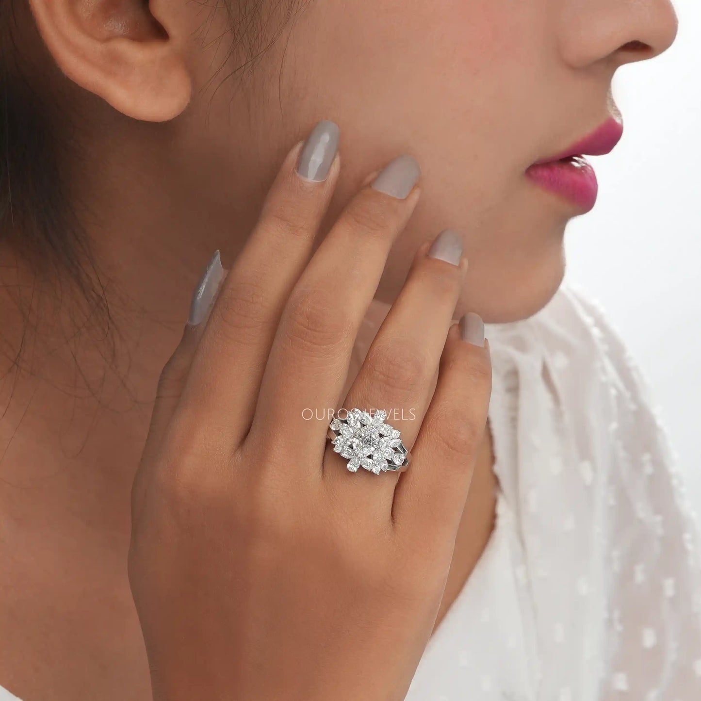 Step Cut Oval Diamond Cluster Ring