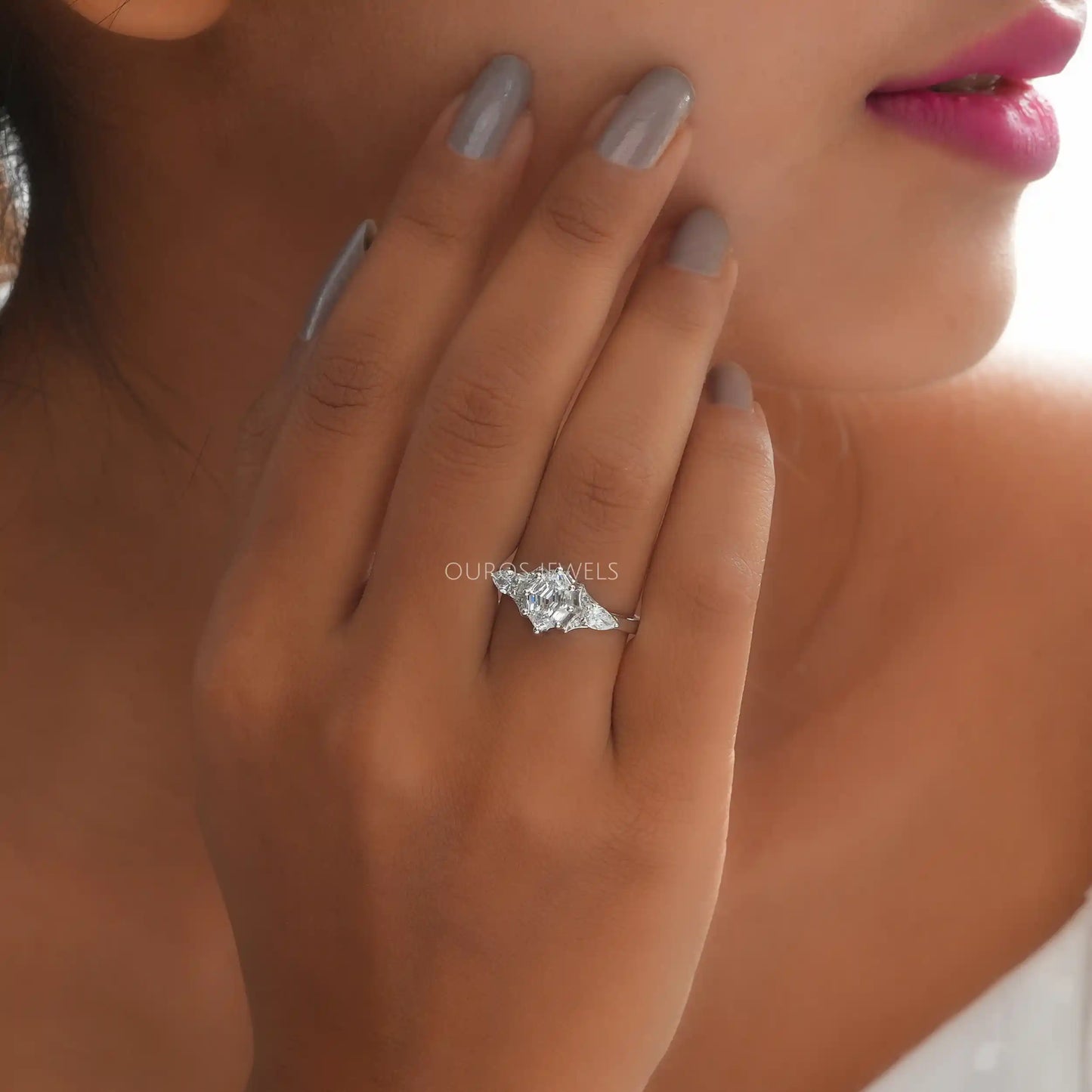 Step Cut Moval Diamond 3 Stone Ring