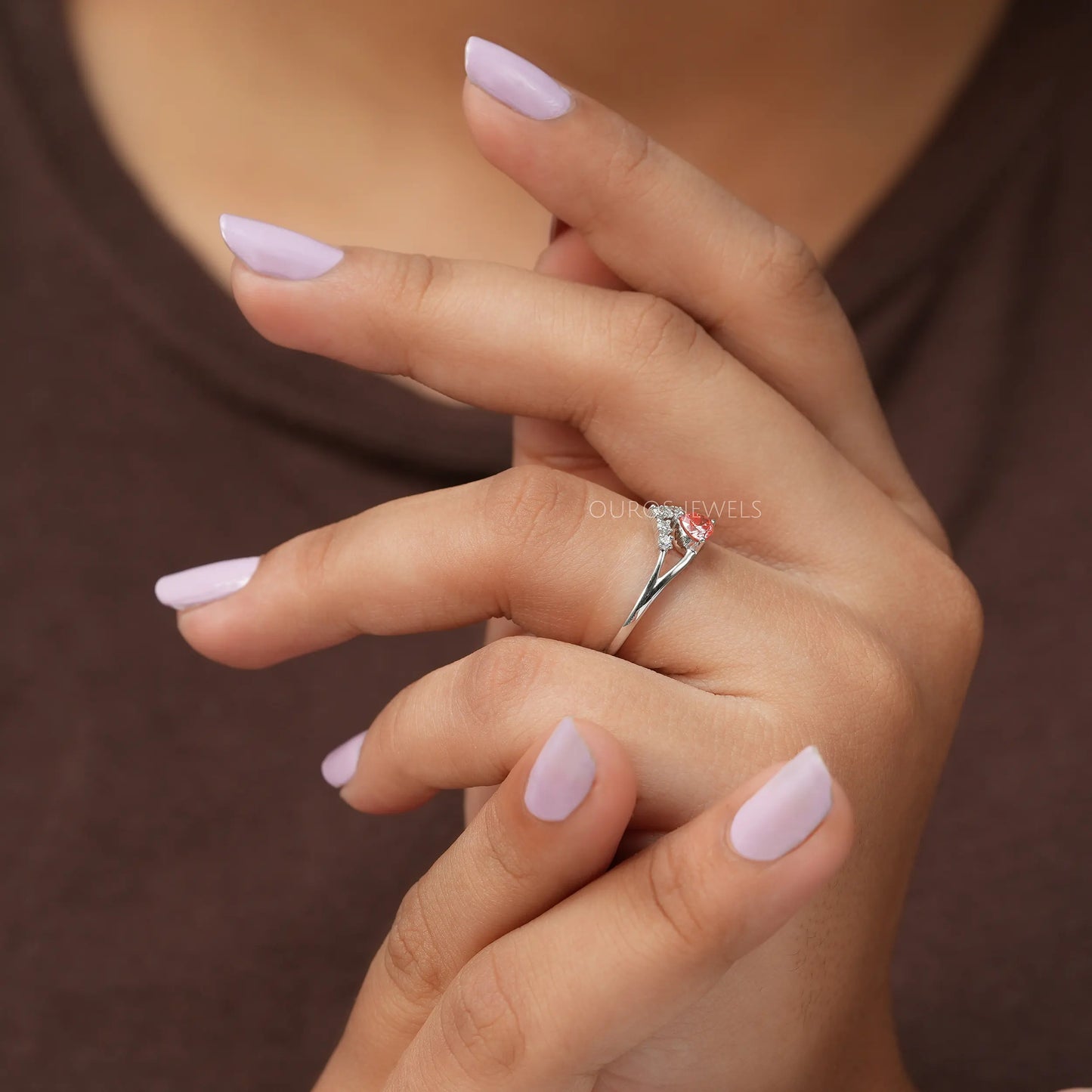 Pink Heart Curved Cluster Diamond Dainty Ring