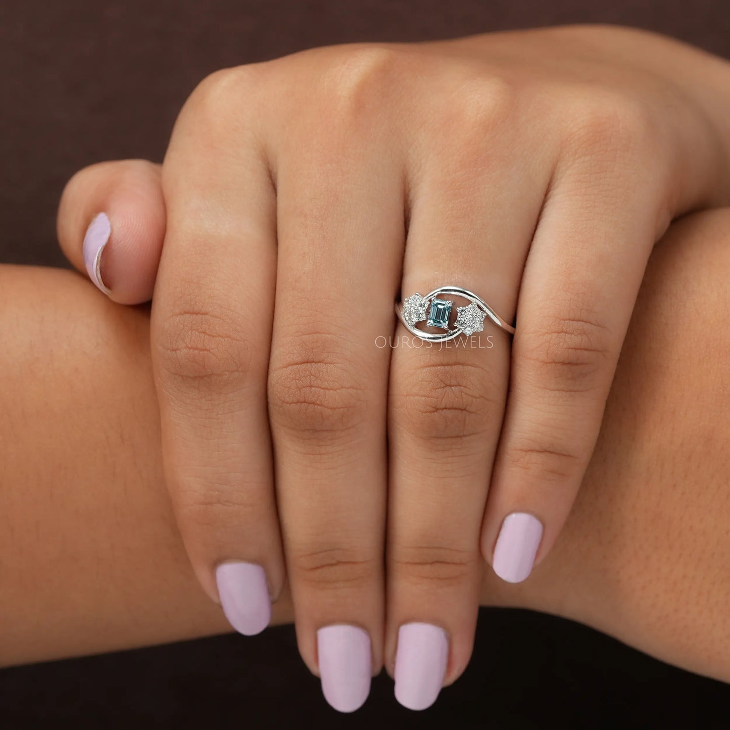 Blue Emerald Cut Floral Ring