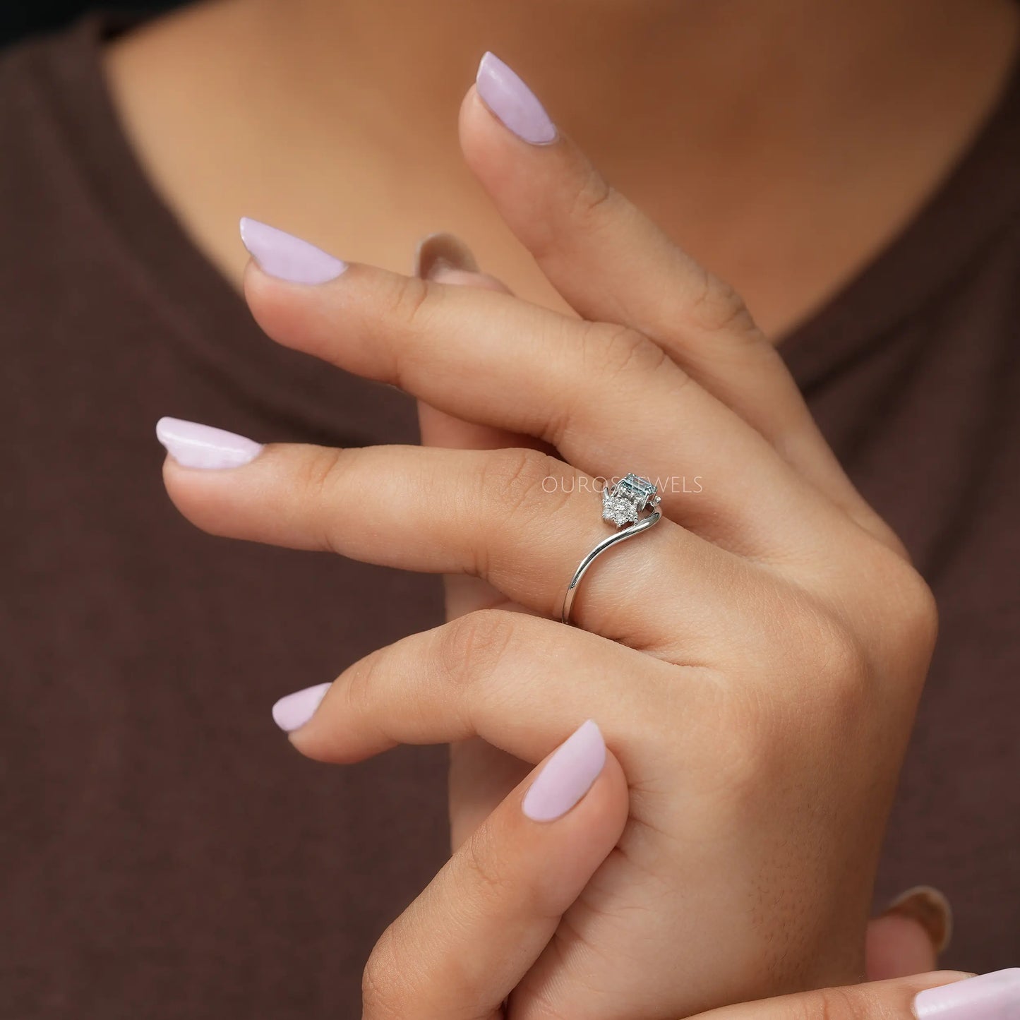 Blue Emerald Cut Floral Ring
