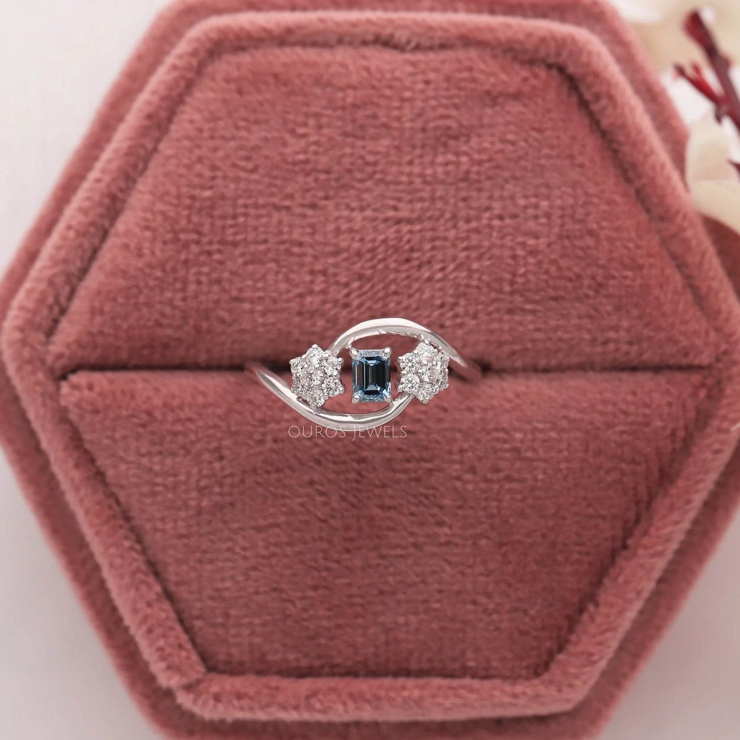 Blue Emerald Cut Floral Ring