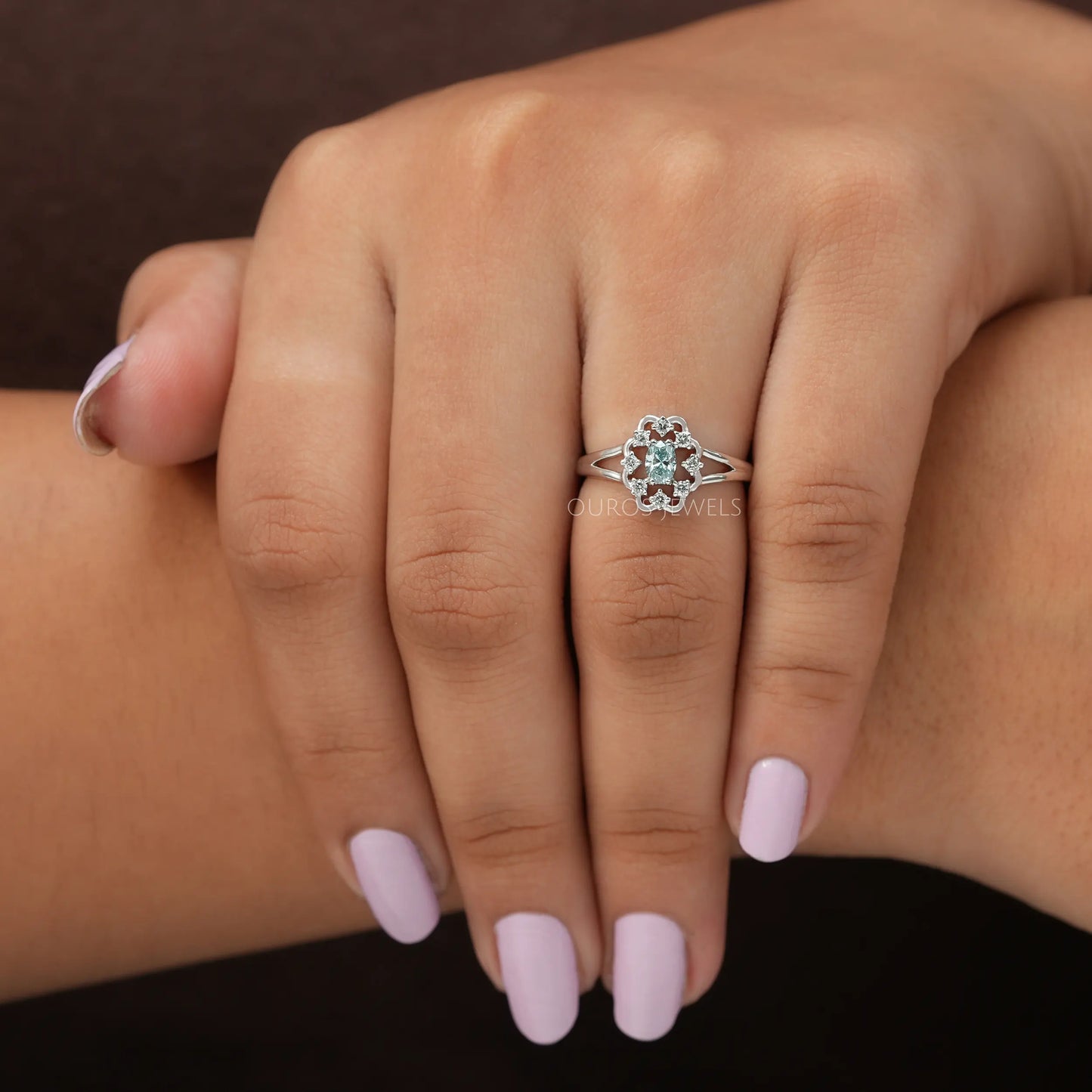 Green Oval Cut Halo Dainty Ring