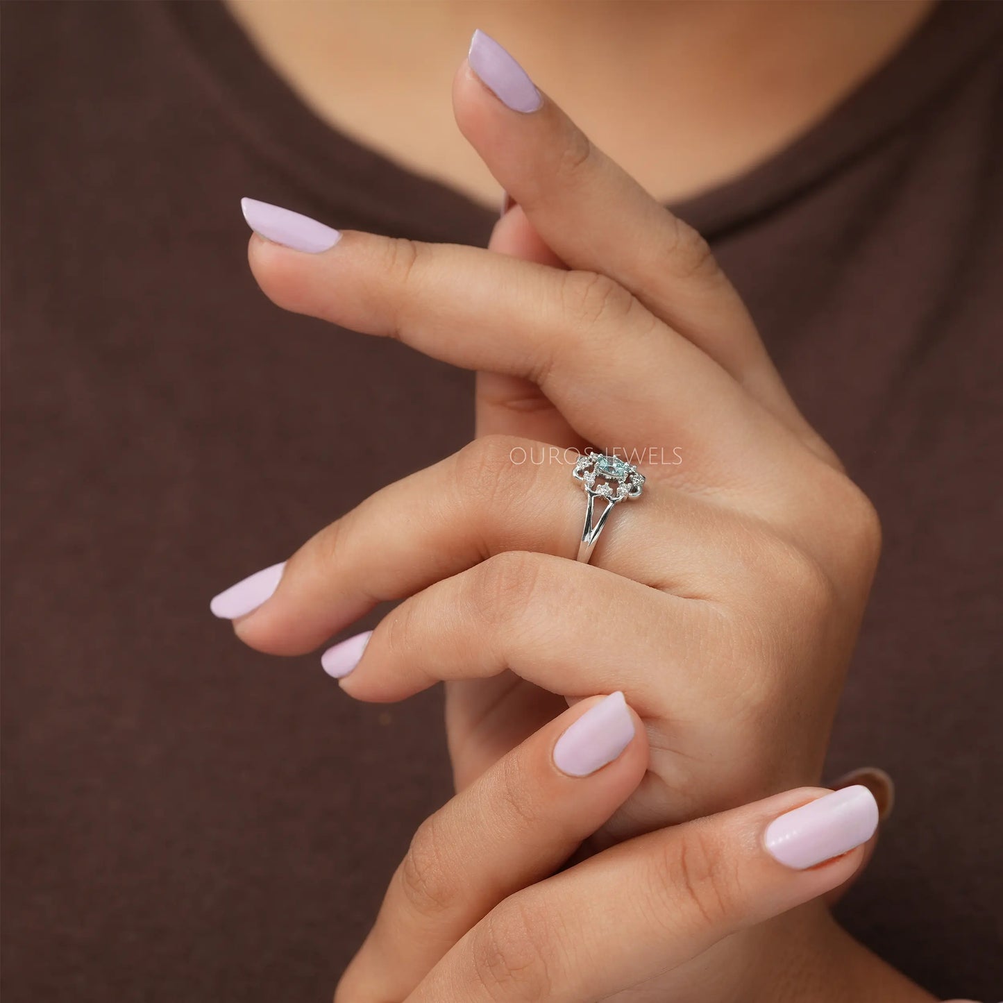 Green Oval Cut Halo Dainty Ring