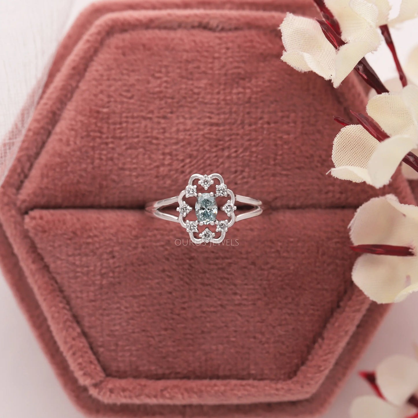 Green Oval Cut Halo Dainty Ring