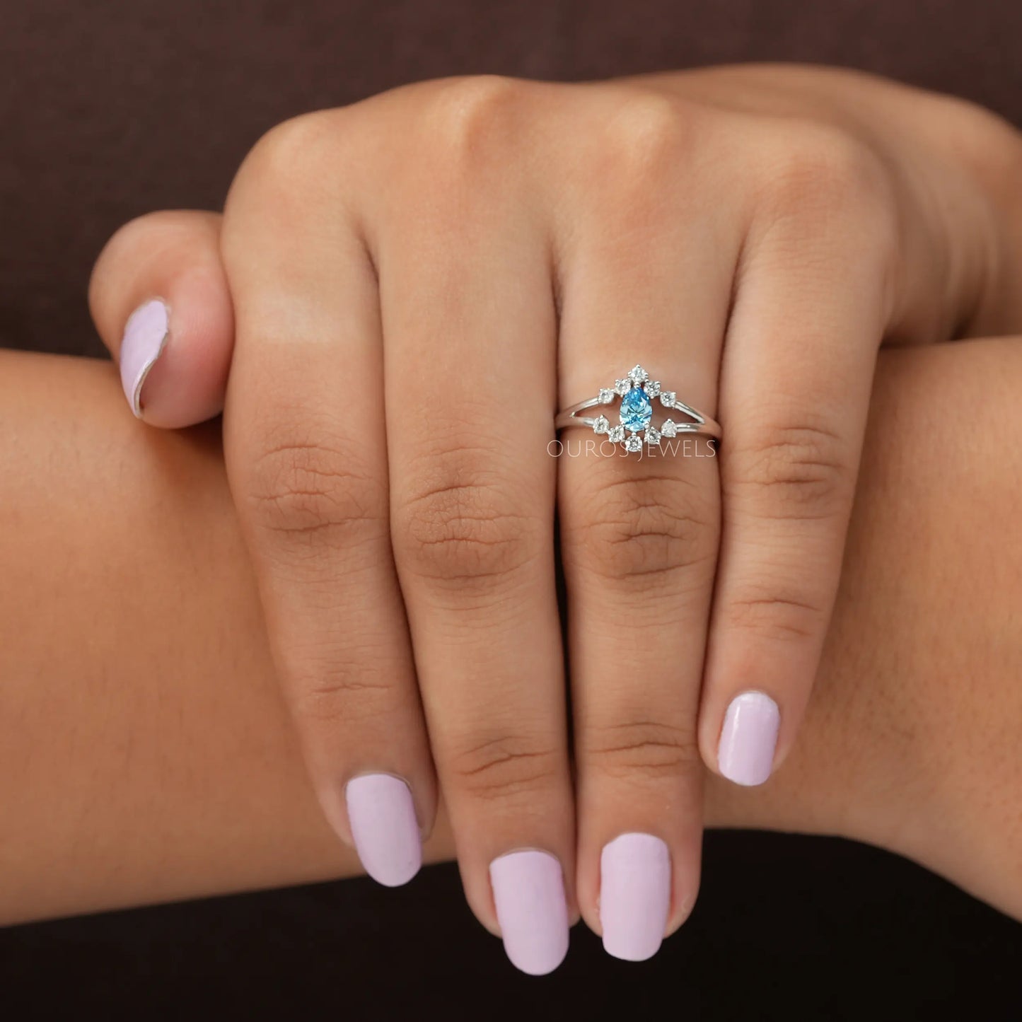 Blue Pear Cut Lab Diamond Engagement Ring